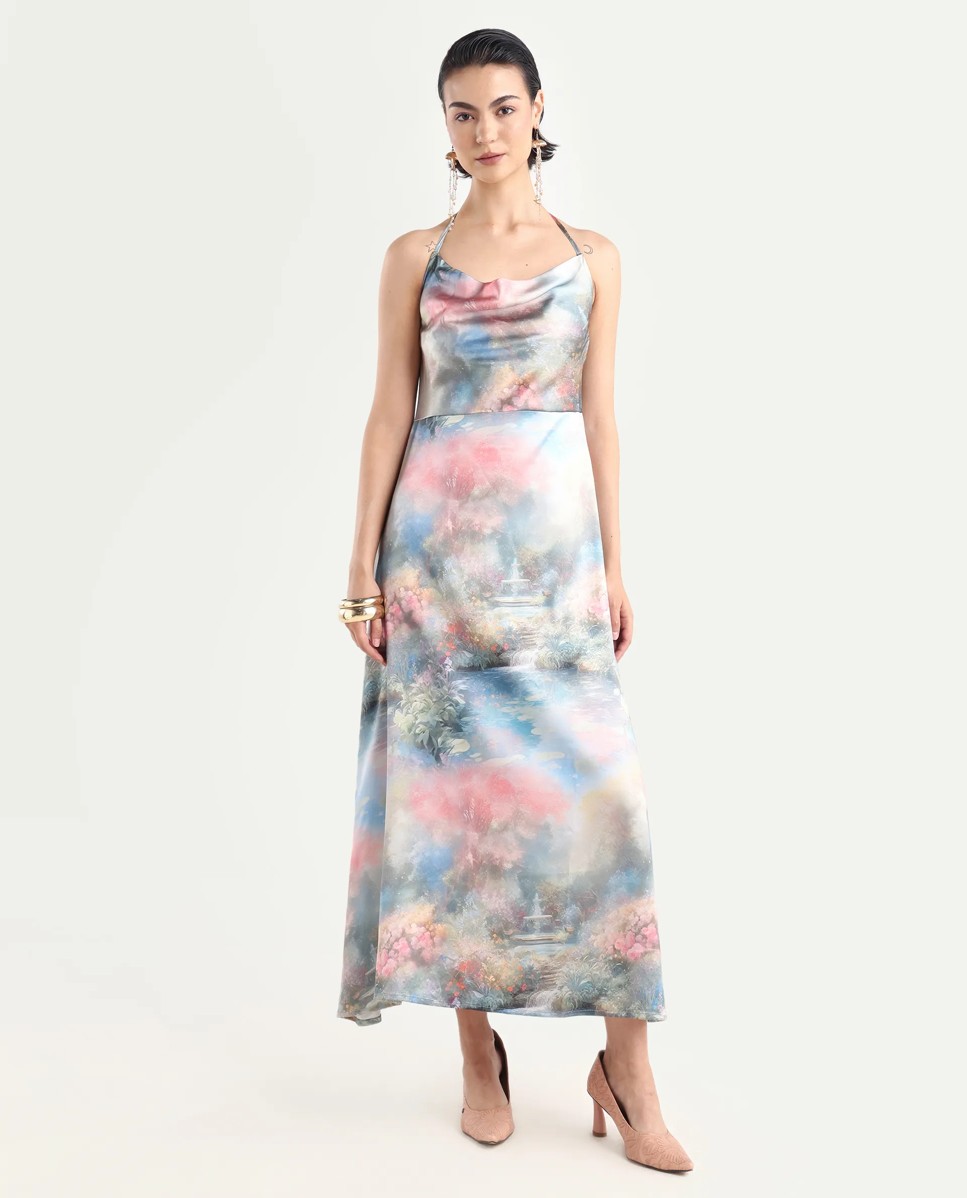 Rareism Women's Villeur Multi Satin Cowl Neck Floral Print Sleeveless Maxi Flared Dress - Image 3