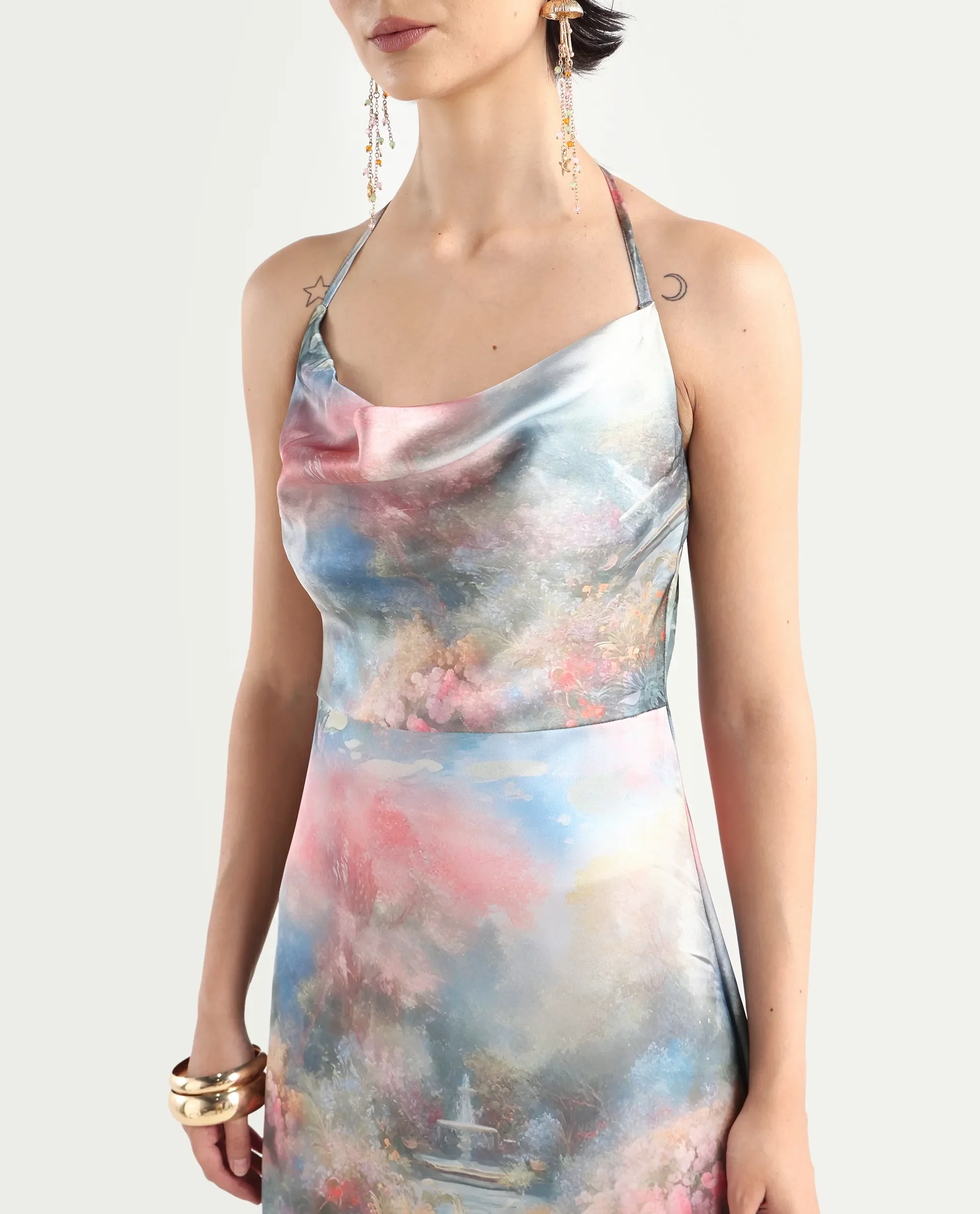 Rareism Women's Villeur Multi Satin Cowl Neck Floral Print Sleeveless Maxi Flared Dress - Image 4