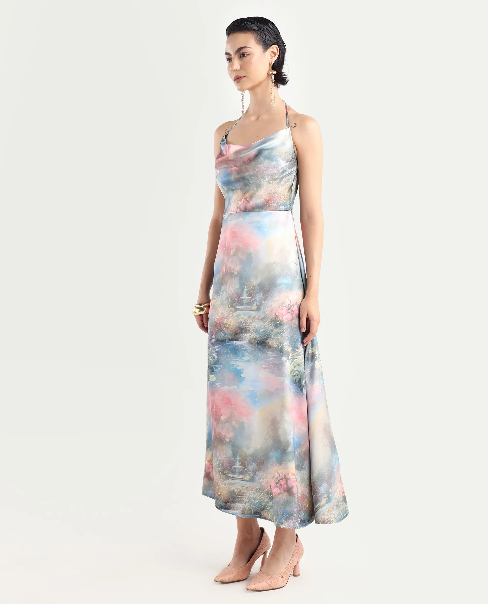 Rareism Women's Villeur Multi Satin Cowl Neck Floral Print Sleeveless Maxi Flared Dress - Image 5