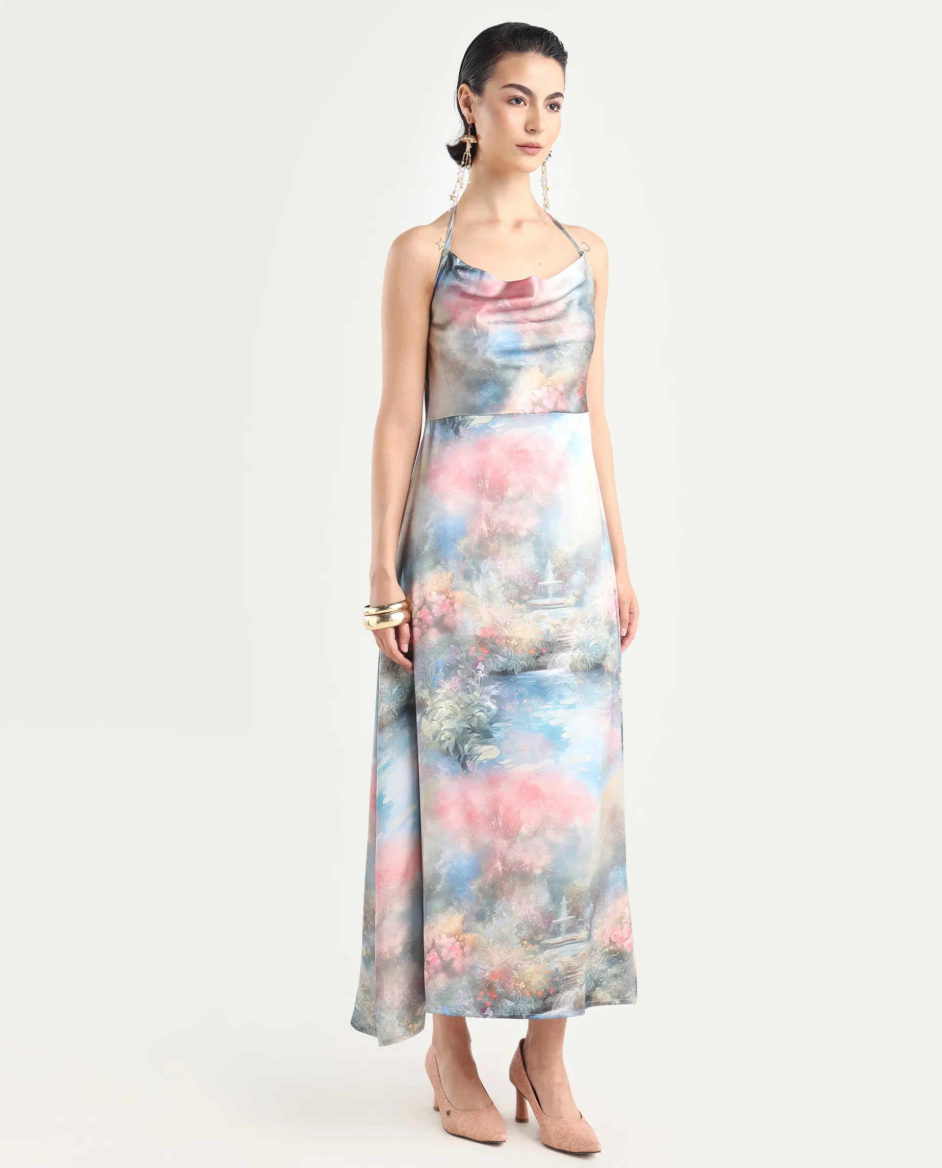 Rareism Women's Villeur Multi Satin Cowl Neck Floral Print Sleeveless Maxi Flared Dress - Image 6