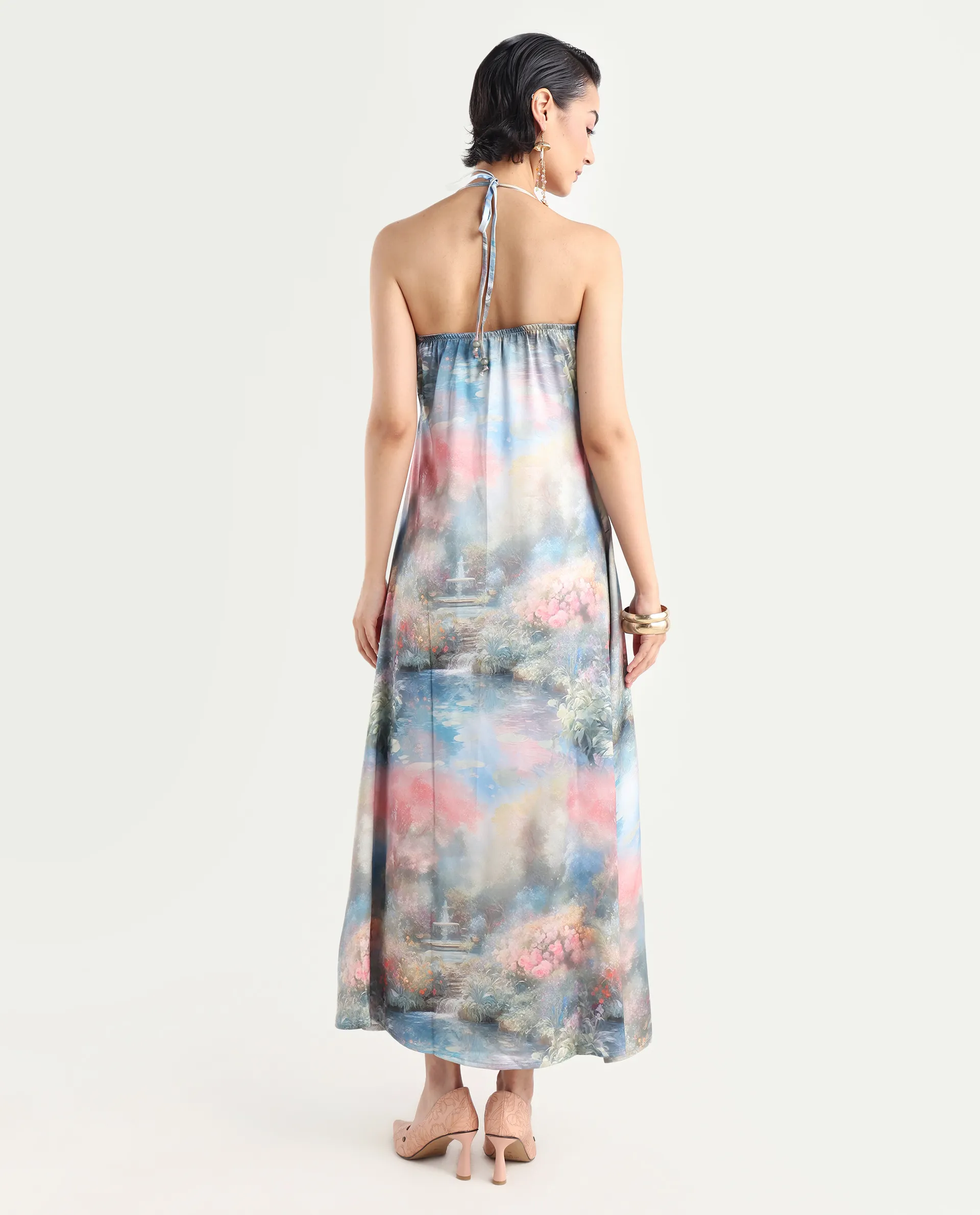 Rareism Women's Villeur Multi Satin Cowl Neck Floral Print Sleeveless Maxi Flared Dress - Image 7