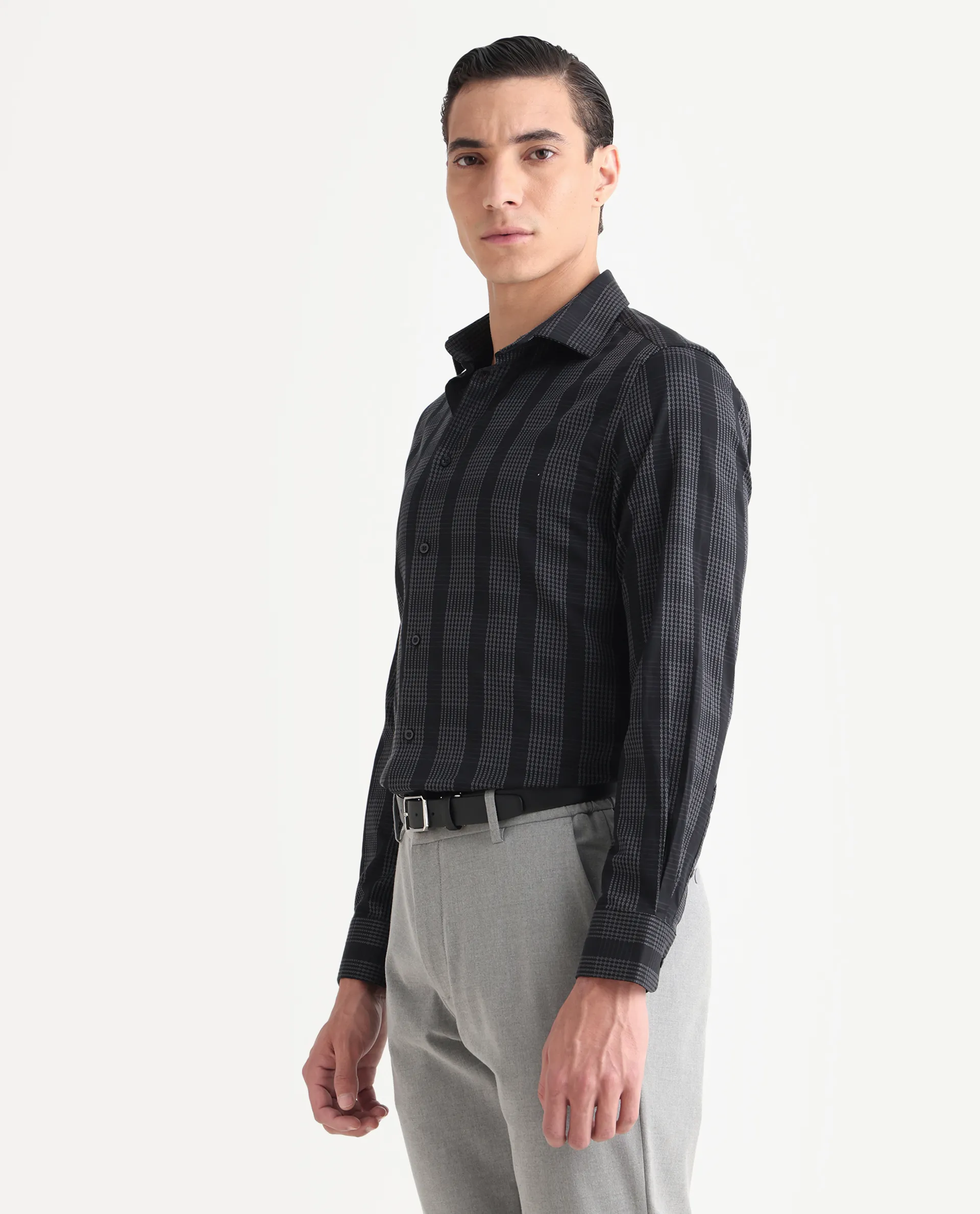 Rare Rabbit Men's Villum-25 Black Cotton Fabric Full Sleeve Collared Neck Regular Fit Striped Shirt - Image 5