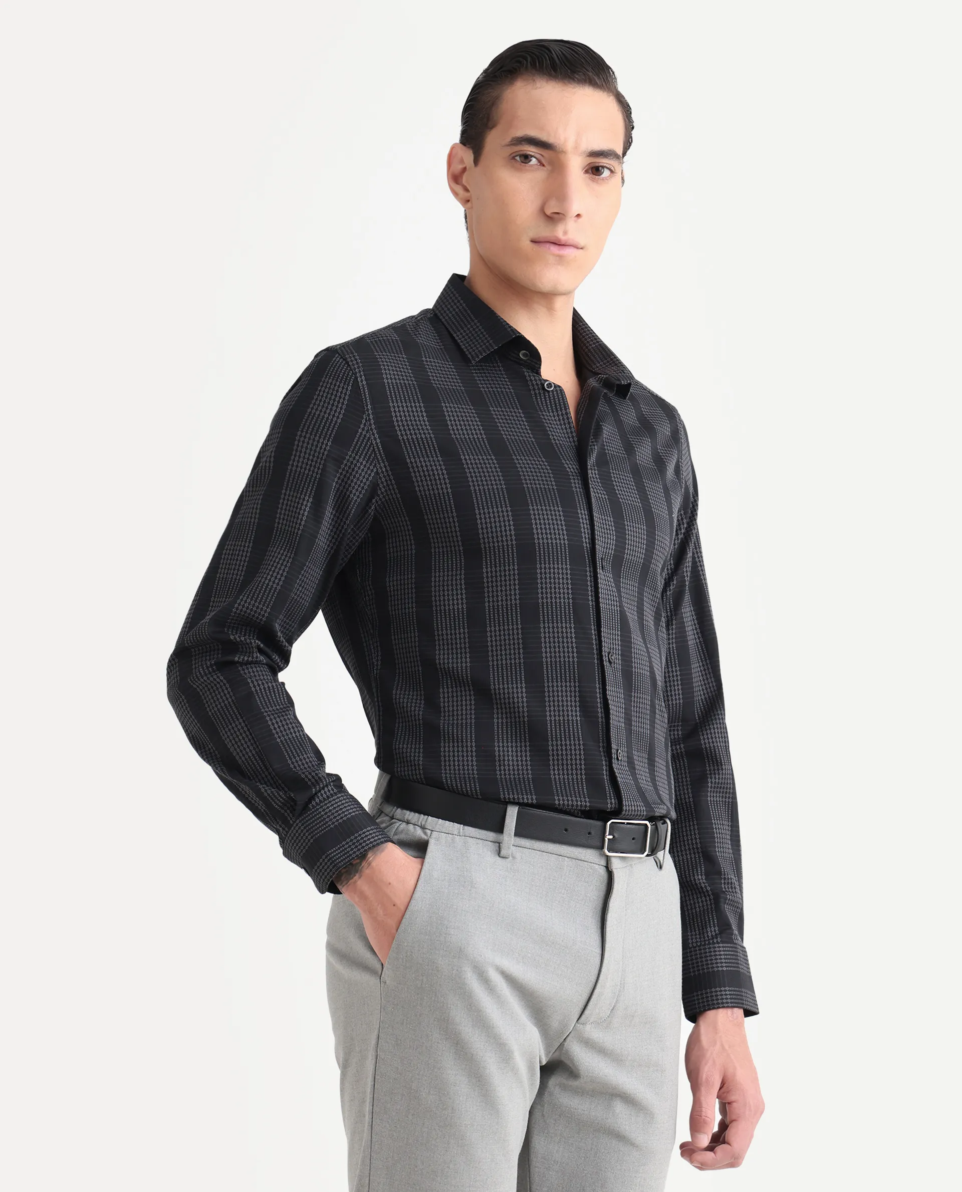 Rare Rabbit Men's Villum-25 Black Cotton Fabric Full Sleeve Collared Neck Regular Fit Striped Shirt - Image 6