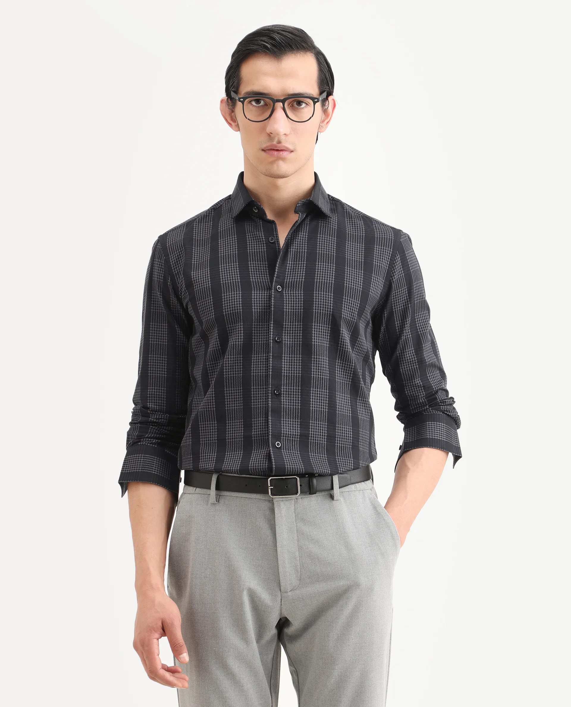 Rare Rabbit Men's Villum Black Cotton Embroidered Regular Fit Full Sleeve Collared Shirt
