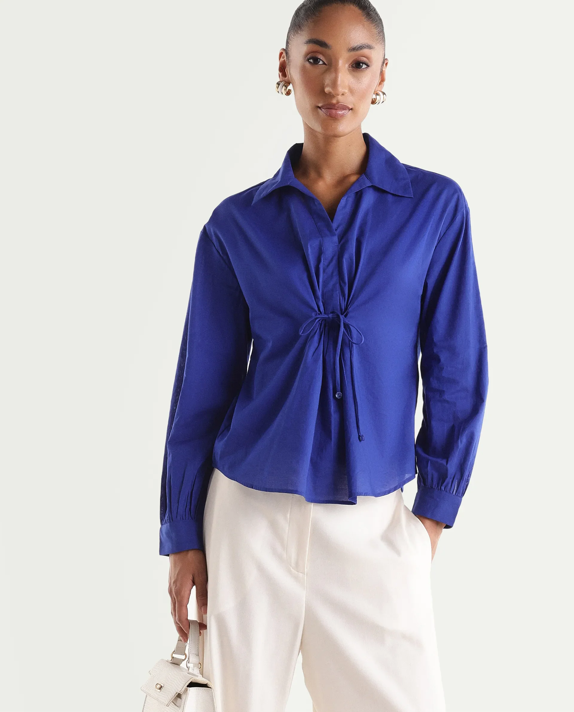 Rareism Women's Vimon Dark Blue Cotton Johnny Collar Relaxed Plain Top - Image 2