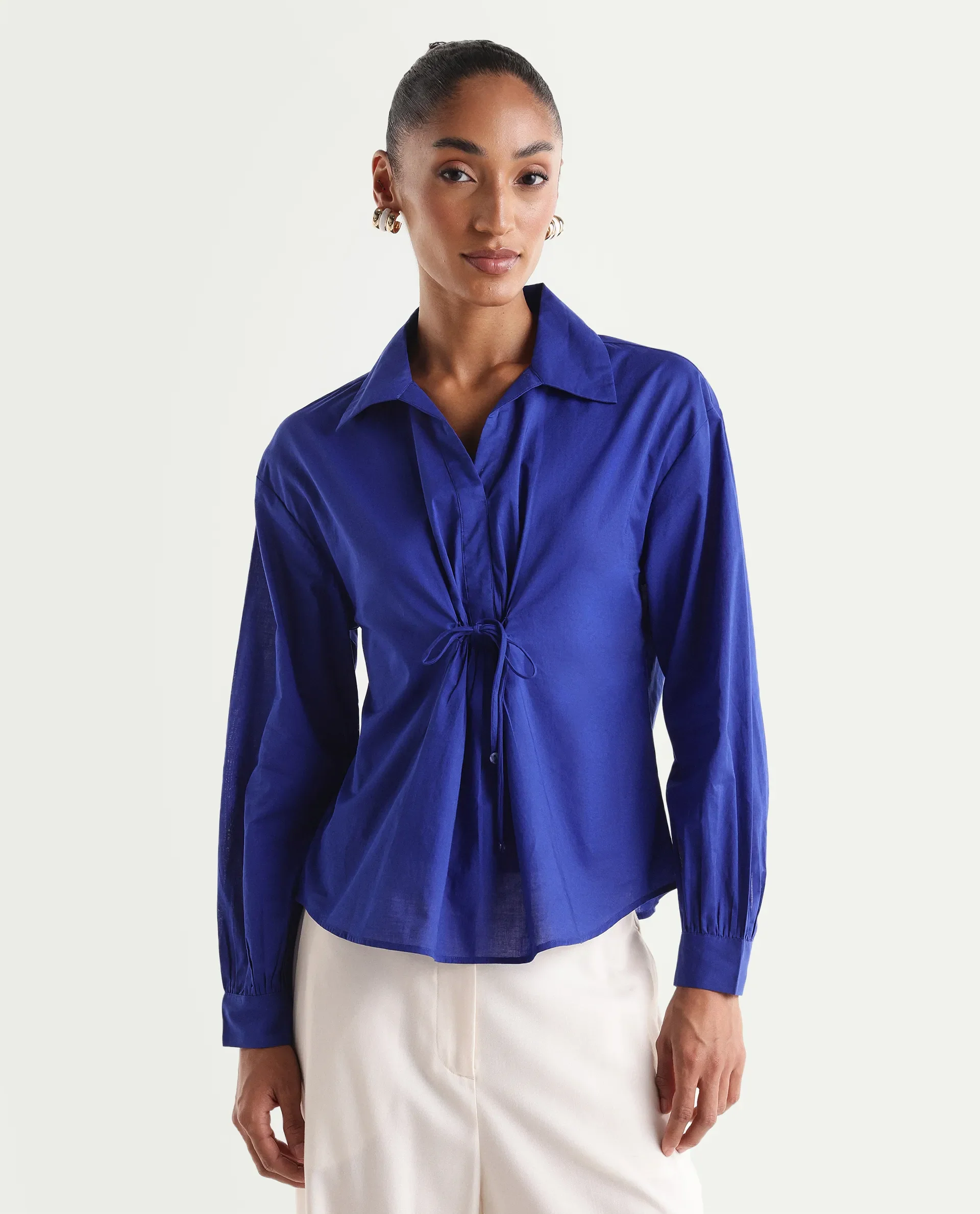 Rareism Women's Vimon Dark Blue Cotton Johnny Collar Relaxed Plain Top - Image 4