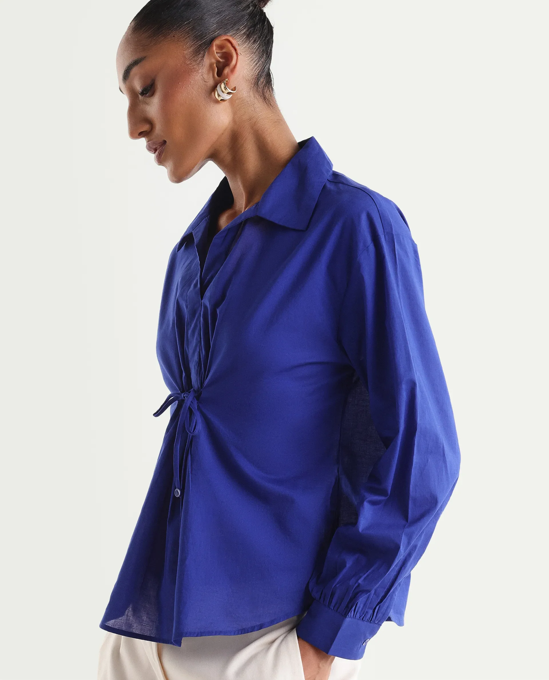 Rareism Women's Vimon Dark Blue Cotton Johnny Collar Relaxed Plain Top - Image 5