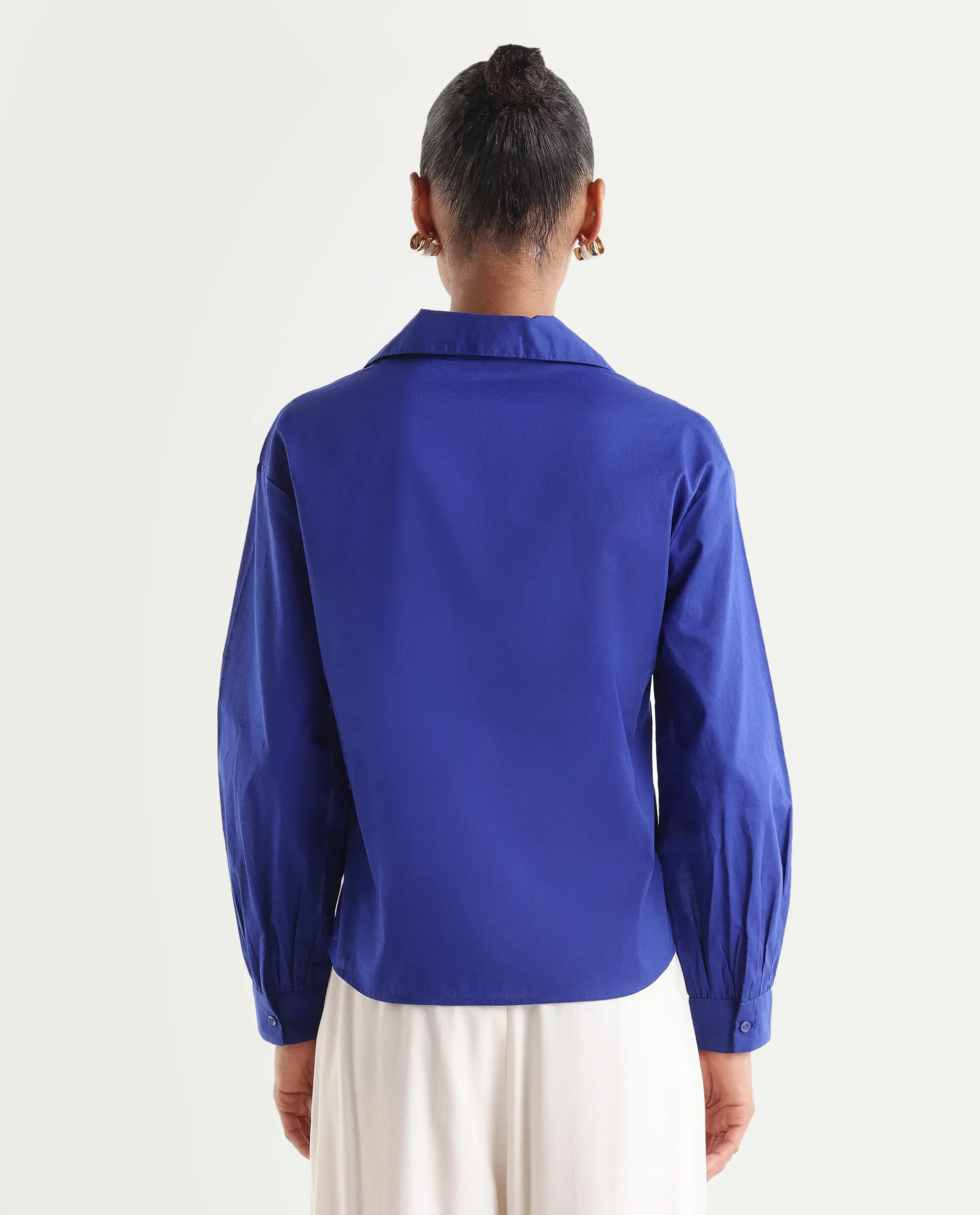 Rareism Women's Vimon Dark Blue Cotton Johnny Collar Relaxed Plain Top - Image 6