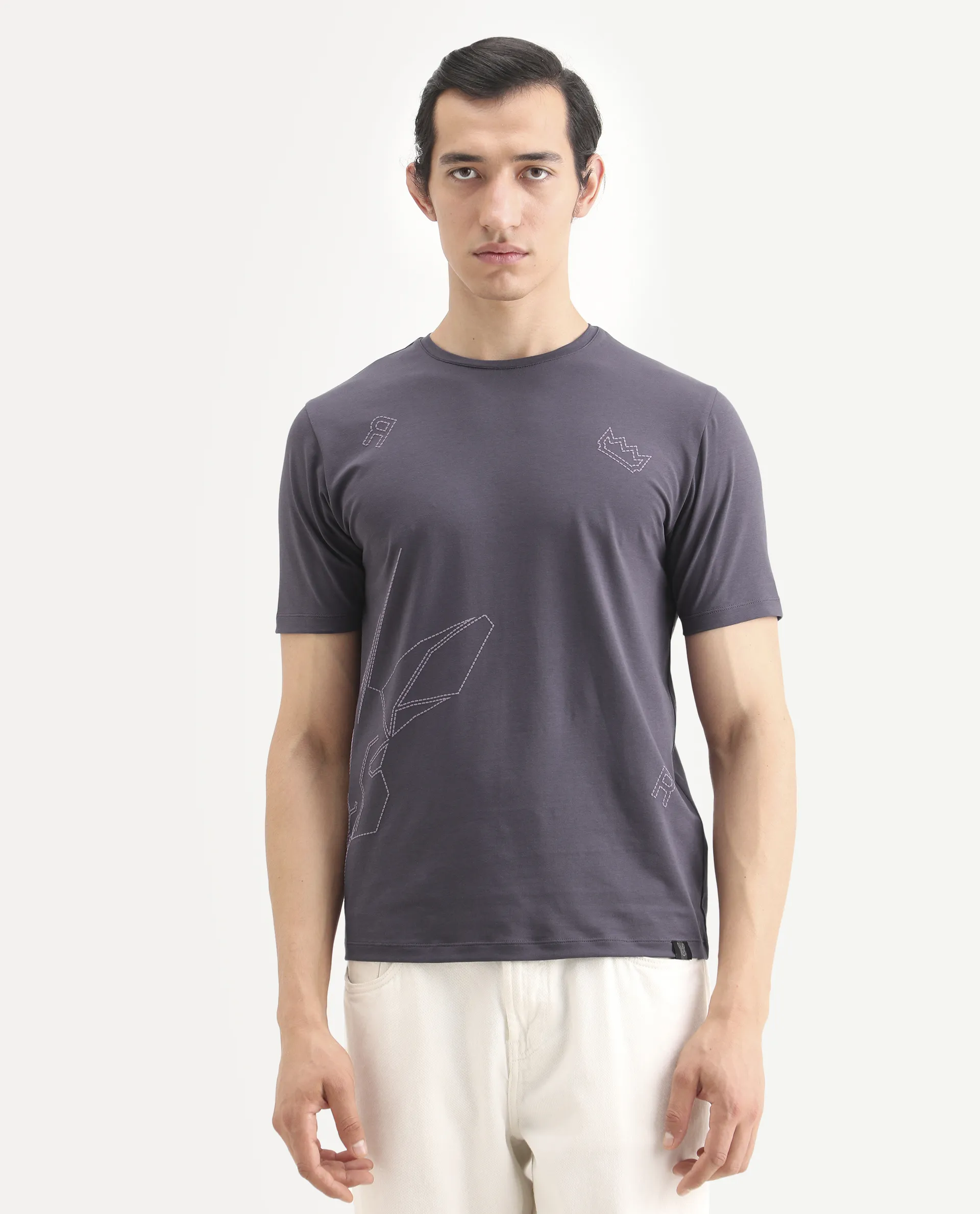 Rare Rabbit Men's Vin Dusky Purple Cotton Blend Fabric Half Sleeve Crew Neck Regular Fit Graphic Print T-Shirt - Image 4