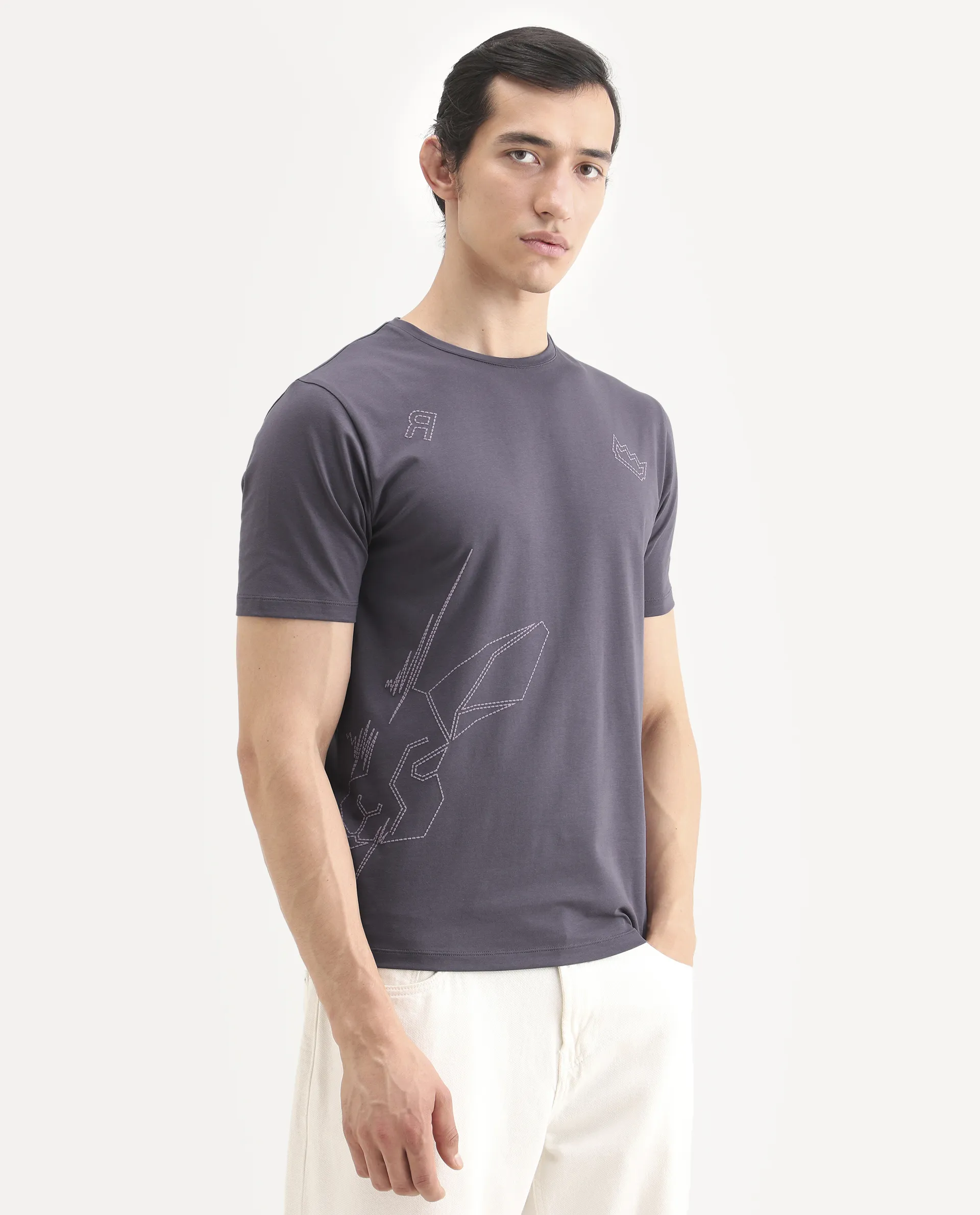Rare Rabbit Men's Vin Dusky Purple Cotton Blend Fabric Half Sleeve Crew Neck Regular Fit Graphic Print T-Shirt - Image 6