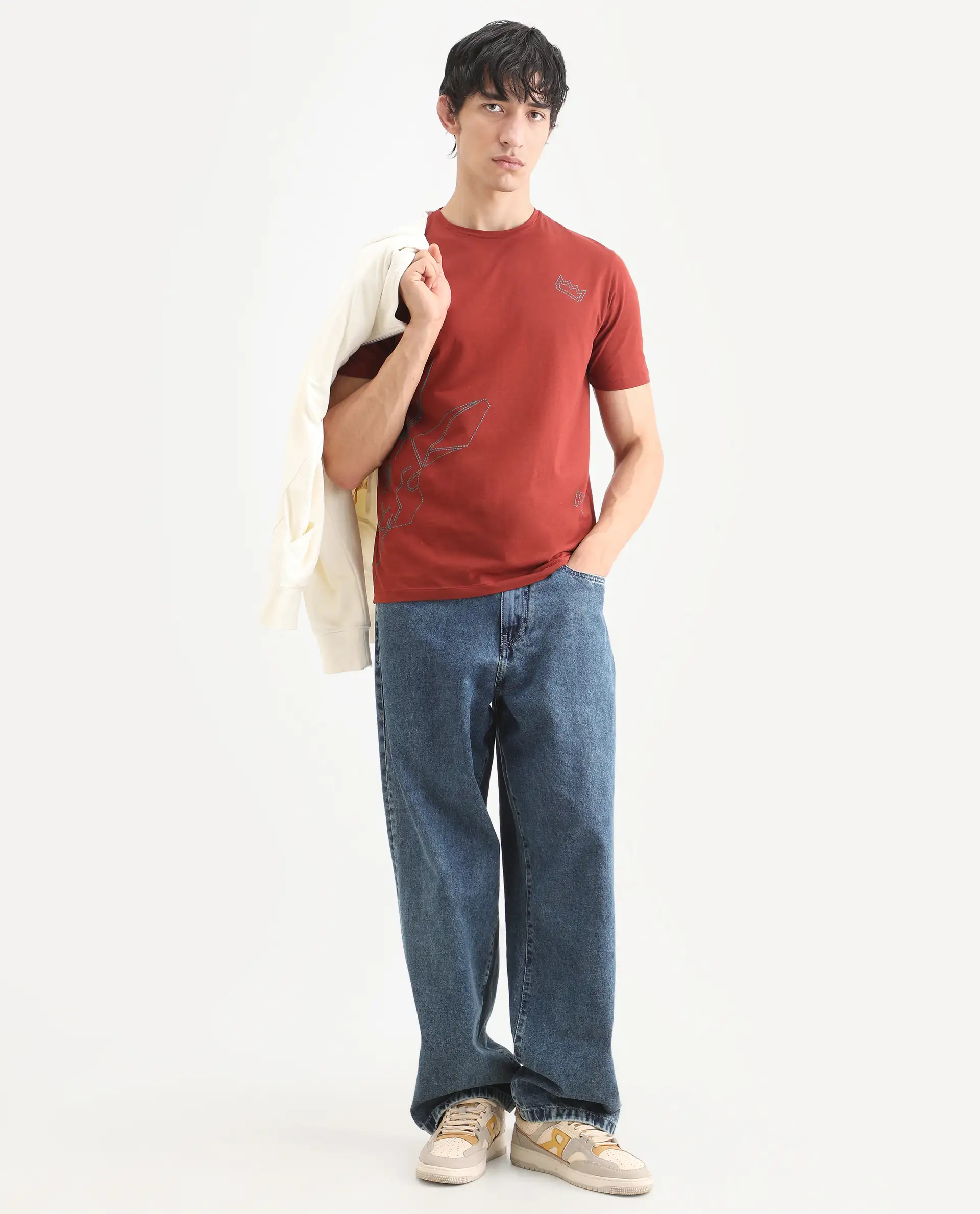 Rare Rabbit Men's Vin Rust Cotton Blend Fabric Half Sleeve Crew Neck Regular Fit T-Shirt - Image 2