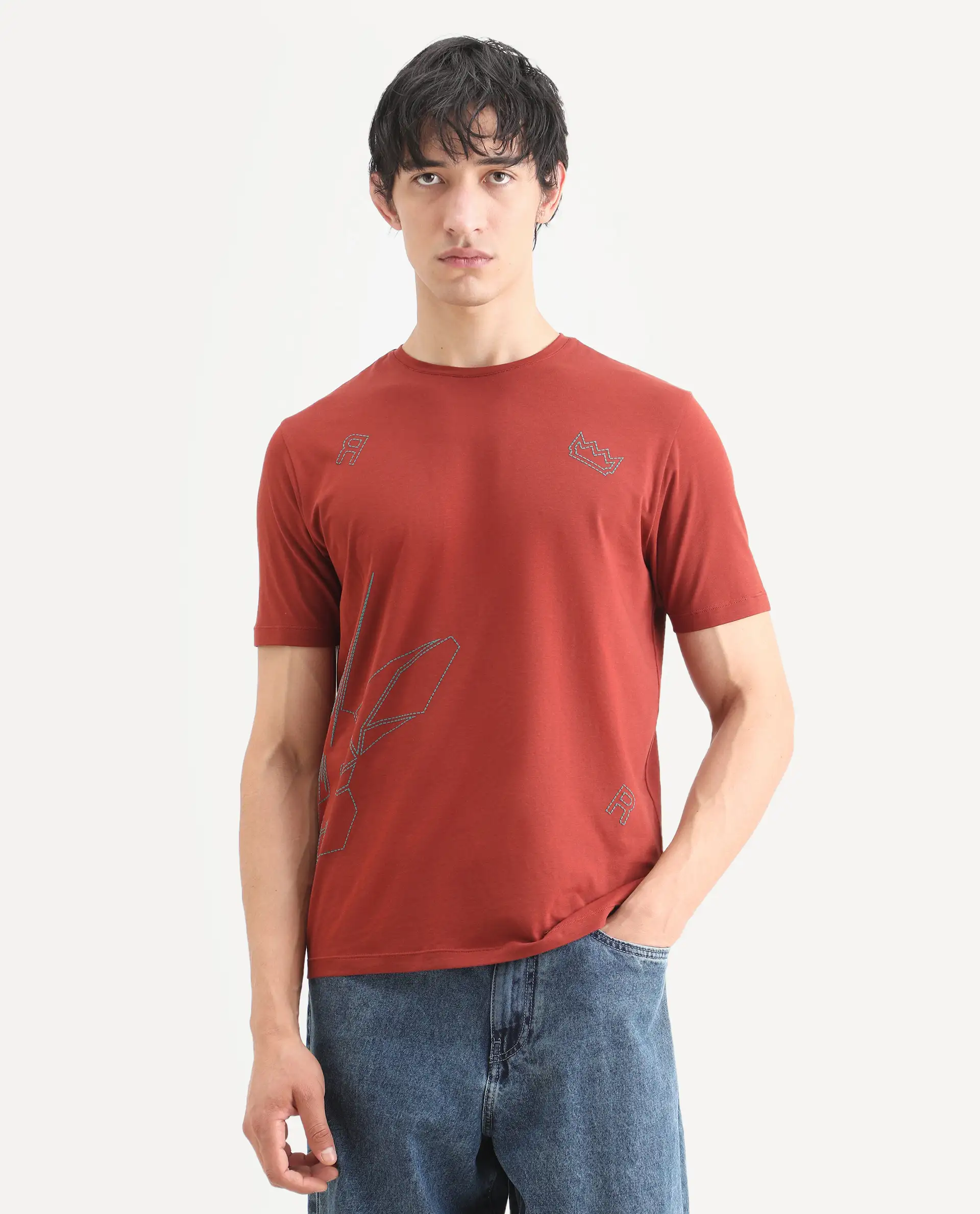 Rare Rabbit Men's Vin Rust Cotton Blend Fabric Half Sleeve Crew Neck Regular Fit T-Shirt - Image 3