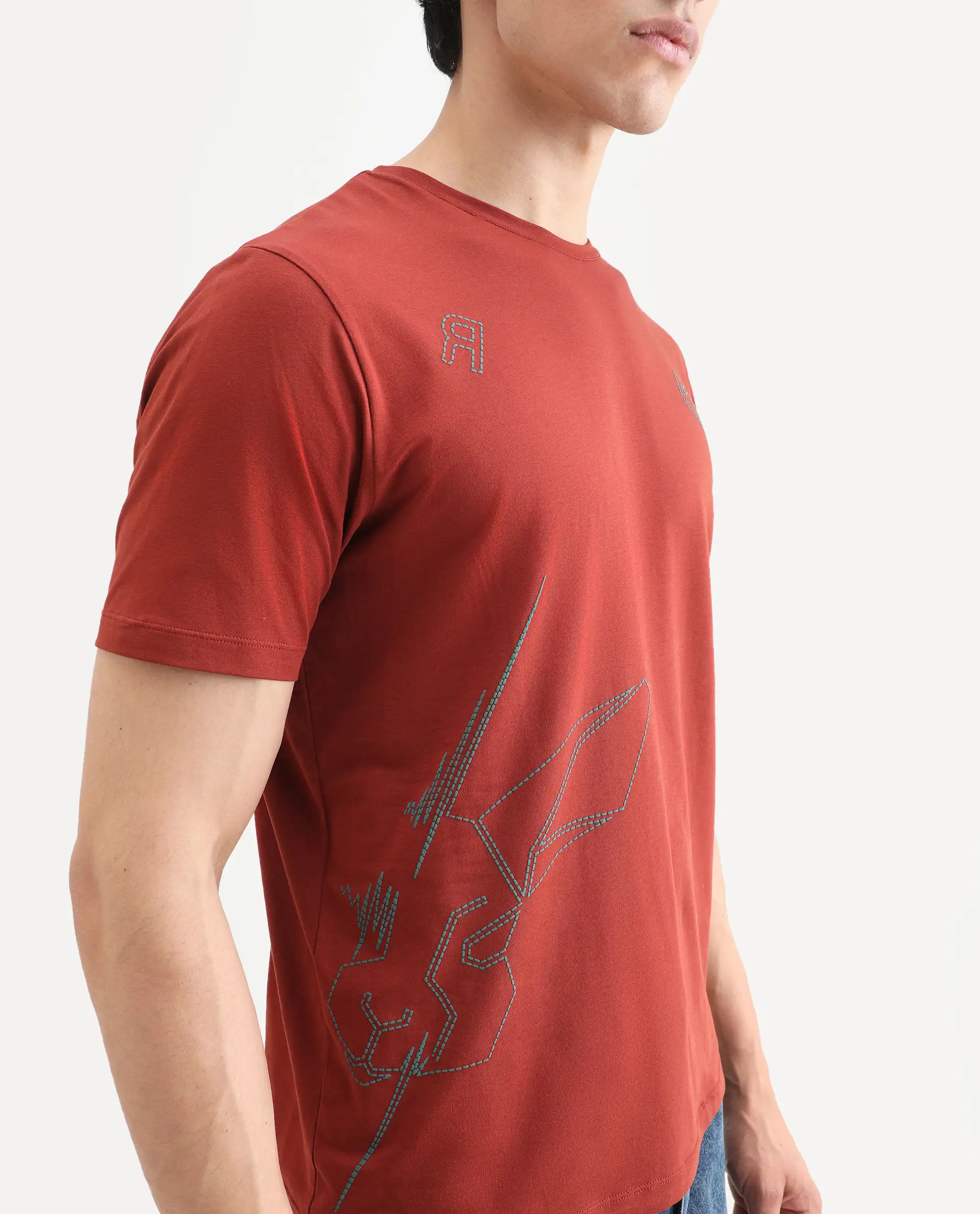 Rare Rabbit Men's Vin Rust Cotton Blend Fabric Half Sleeve Crew Neck Regular Fit T-Shirt - Image 4