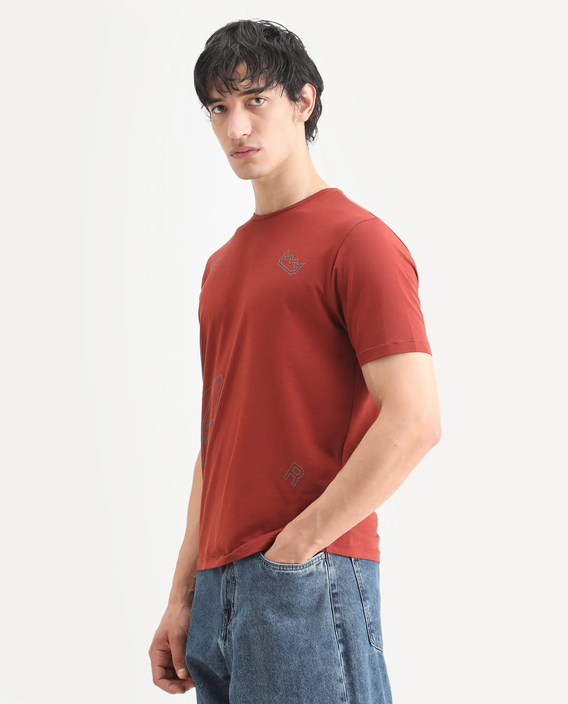 Rare Rabbit Men's Vin Rust Cotton Blend Fabric Half Sleeve Crew Neck Regular Fit T-Shirt - Image 5