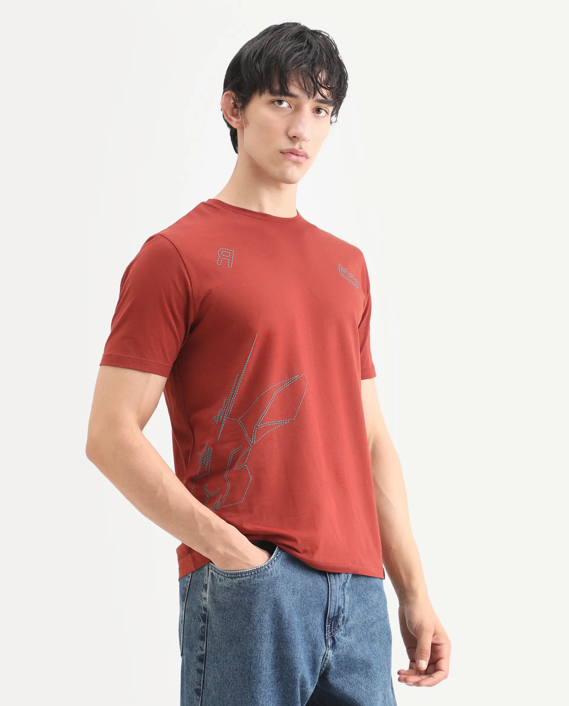 Rare Rabbit Men's Vin Rust Cotton Blend Fabric Half Sleeve Crew Neck Regular Fit T-Shirt - Image 6