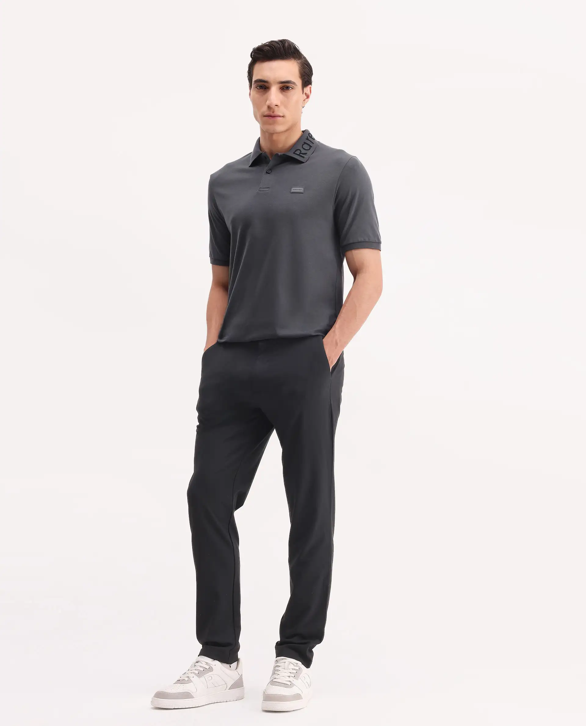 Rare Rabbit Men's Vinc Dark Grey Cotton Plain Regular Fit Half Sleeve Polo - Image 2