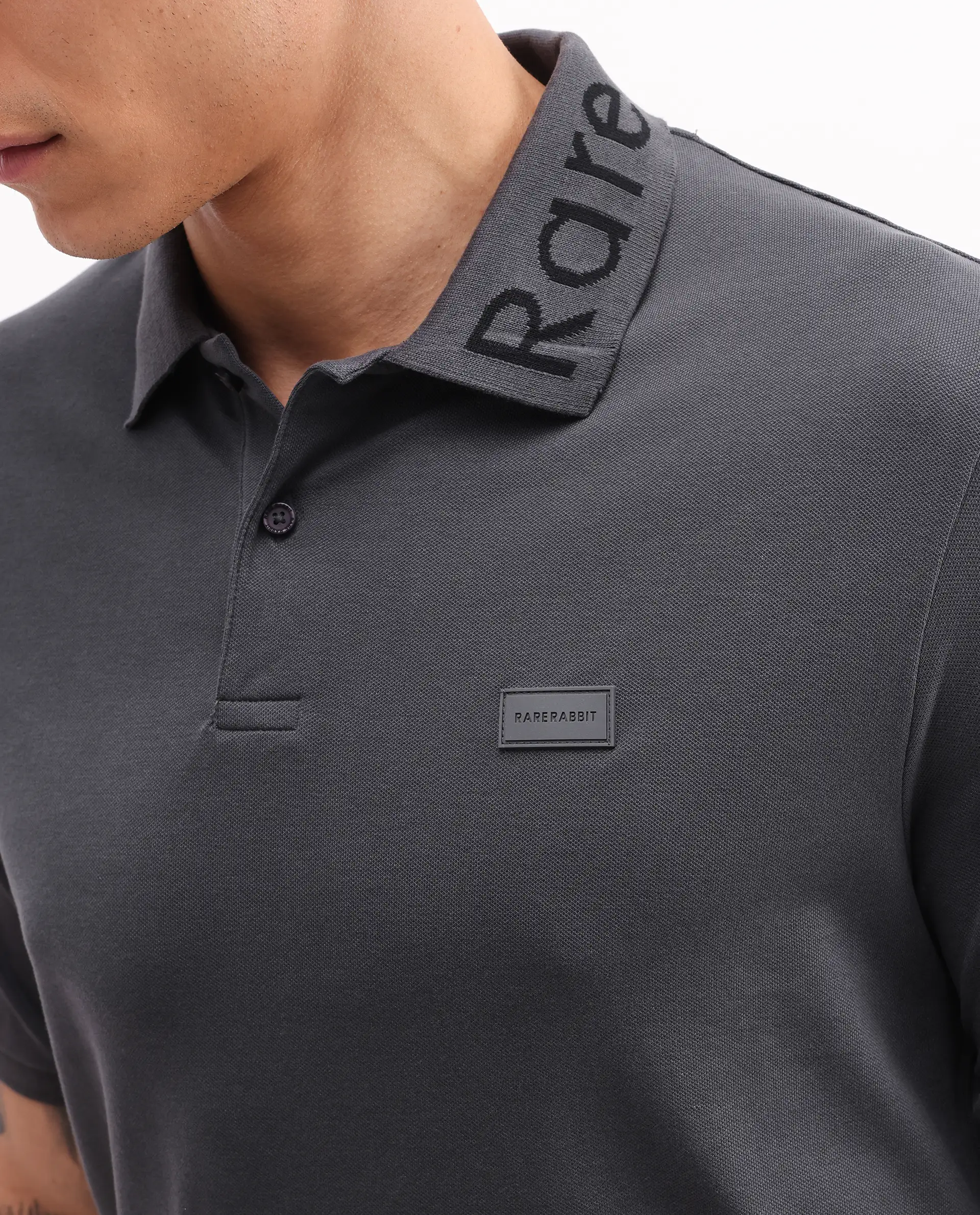 Rare Rabbit Men's Vinc Dark Grey Cotton Plain Regular Fit Half Sleeve Polo - Image 3