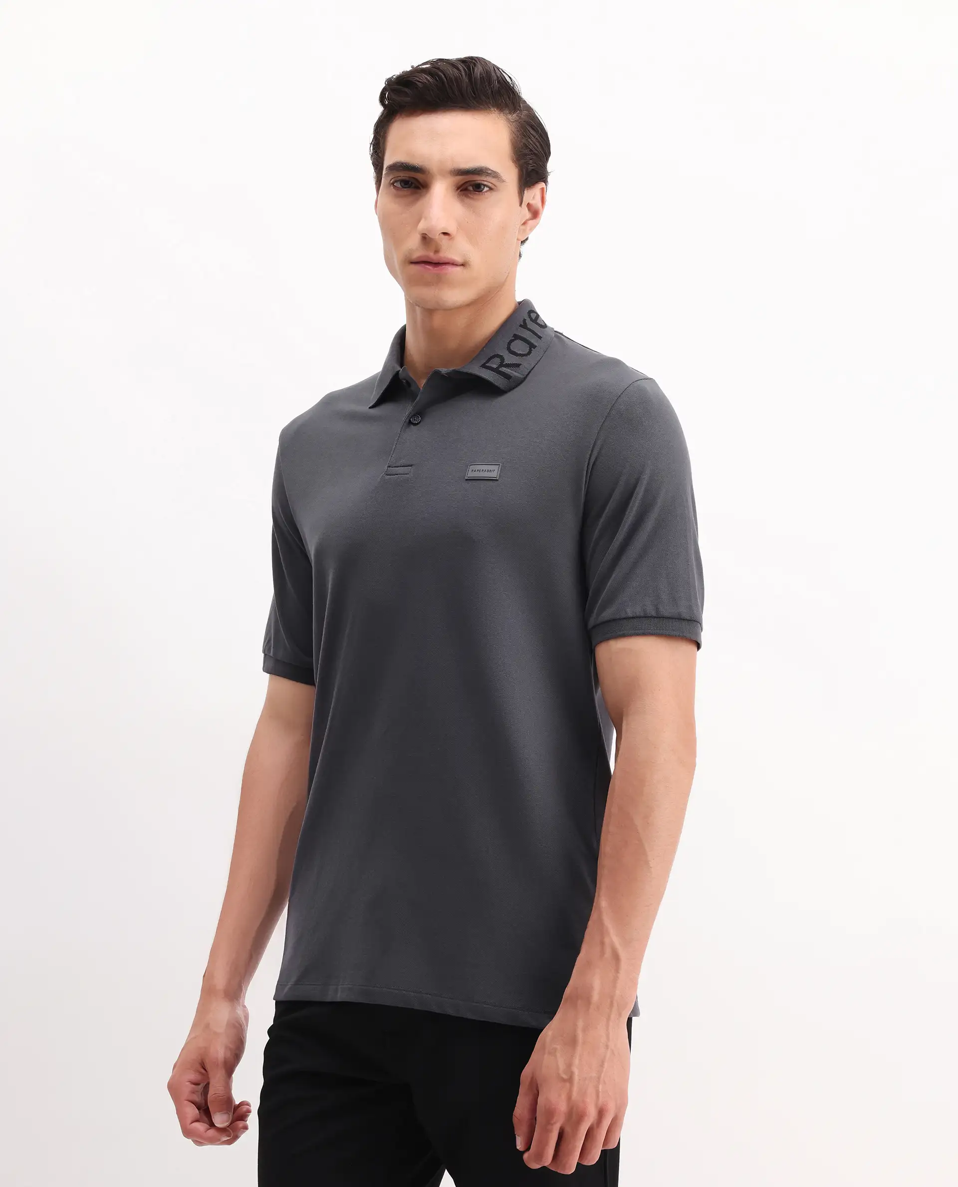 Rare Rabbit Men's Vinc Dark Grey Cotton Plain Regular Fit Half Sleeve Polo - Image 4