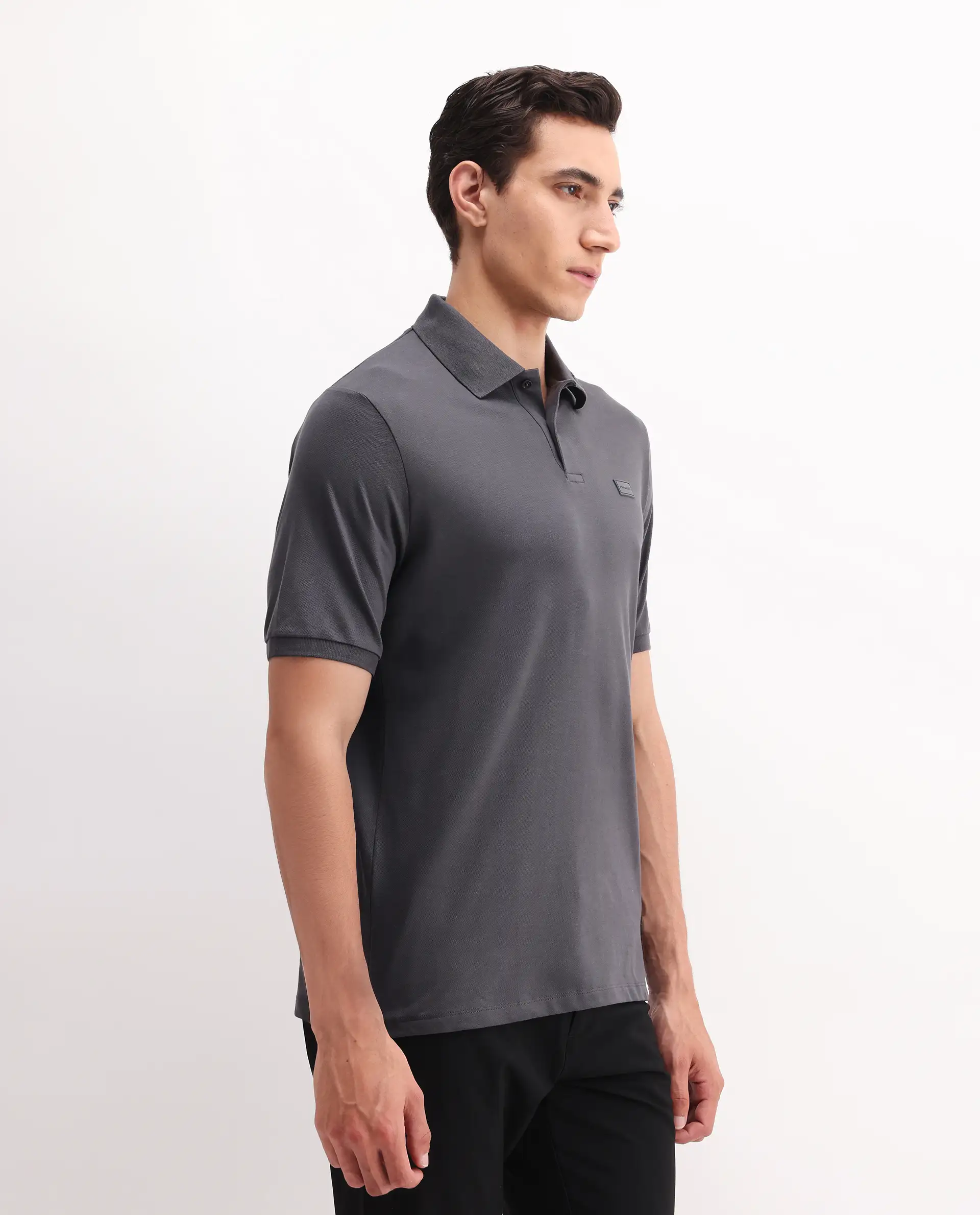 Rare Rabbit Men's Vinc Dark Grey Cotton Plain Regular Fit Half Sleeve Polo - Image 5