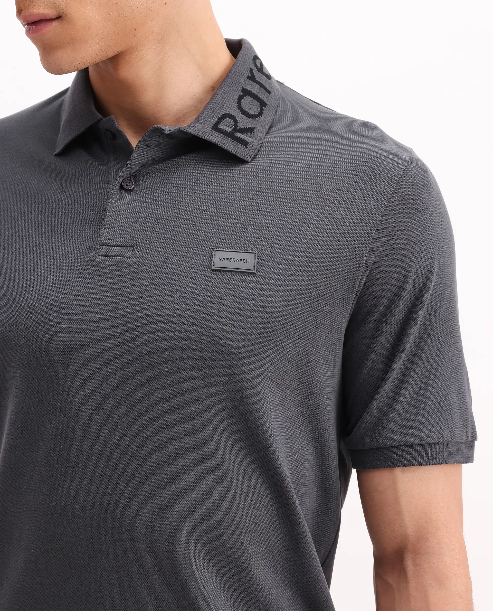 Rare Rabbit Men's Vinc Dark Grey Cotton Plain Regular Fit Half Sleeve Polo - Image 6