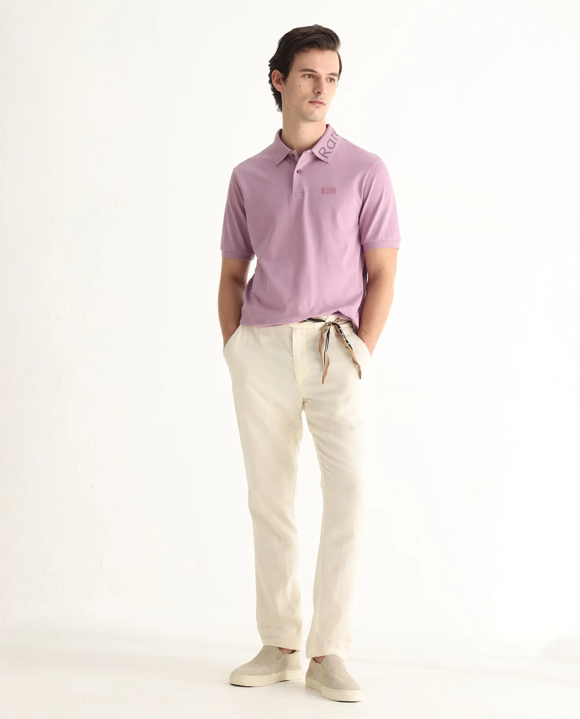 Rare Rabbit Men's Vinc Dusky Pink Cotton Plain Regular Fit Half Sleeve Polo - Image 2