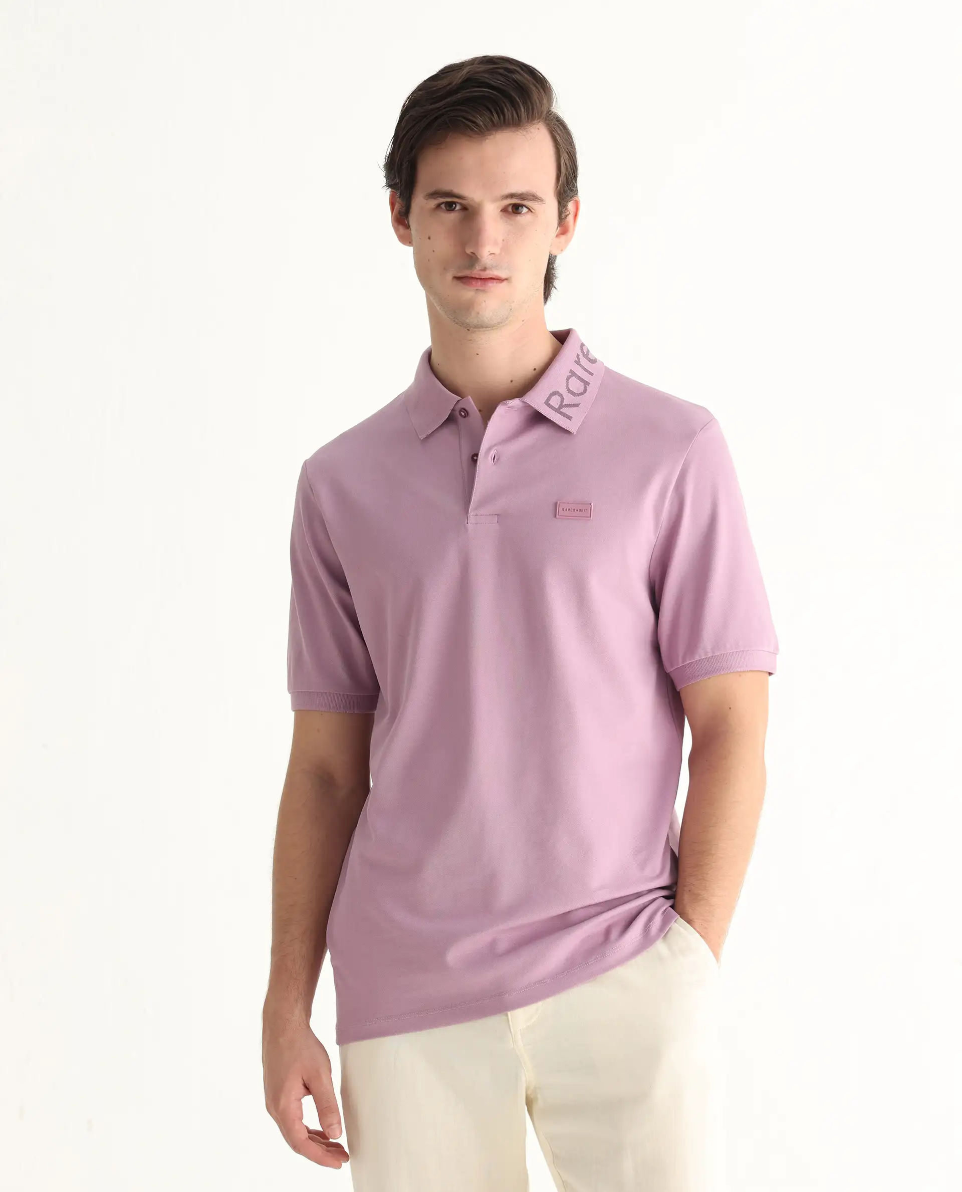 Rare Rabbit Men's Vinc Dusky Pink Cotton Plain Regular Fit Half Sleeve Polo - Image 5