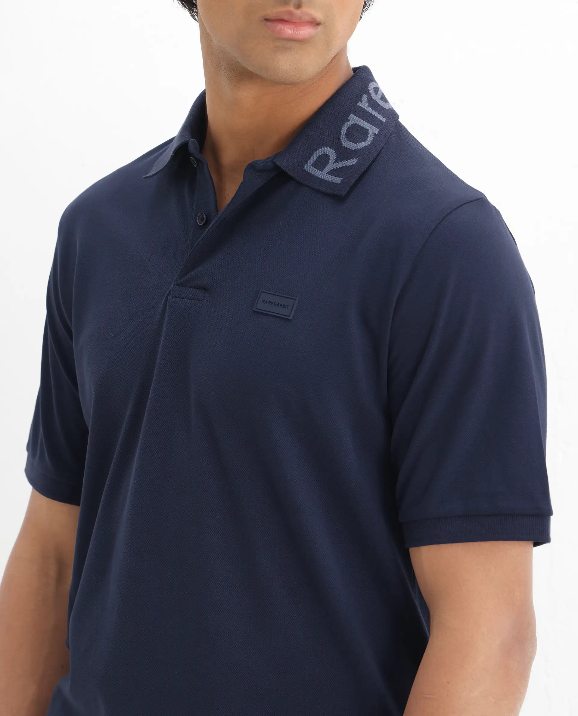 Rare Rabbit Men's Vinc Navy Cotton Plain Regular Fit Half Sleeve Polo - Image 3