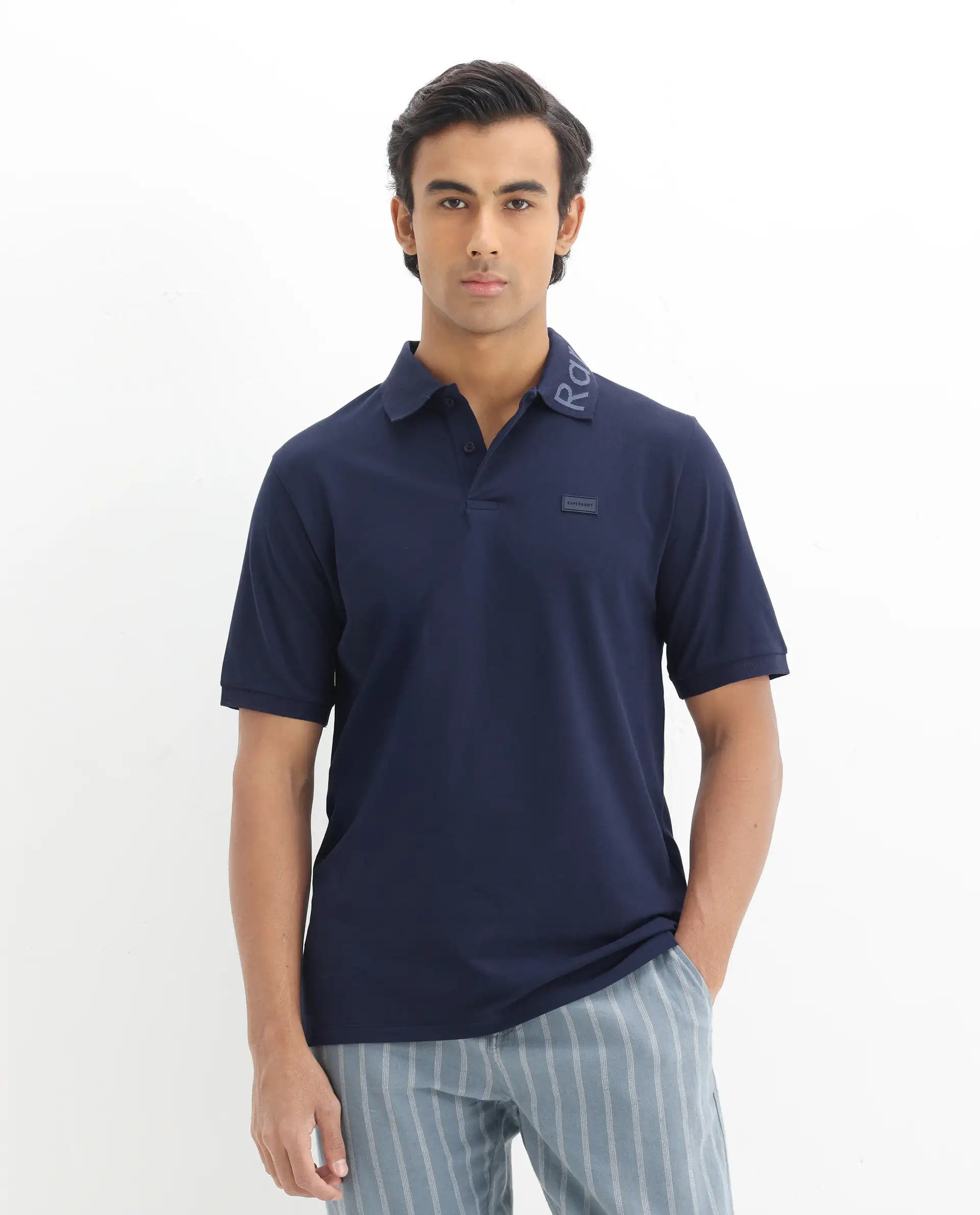 Rare Rabbit Men's Vinc Navy Cotton Plain Regular Fit Half Sleeve Polo - Image 4