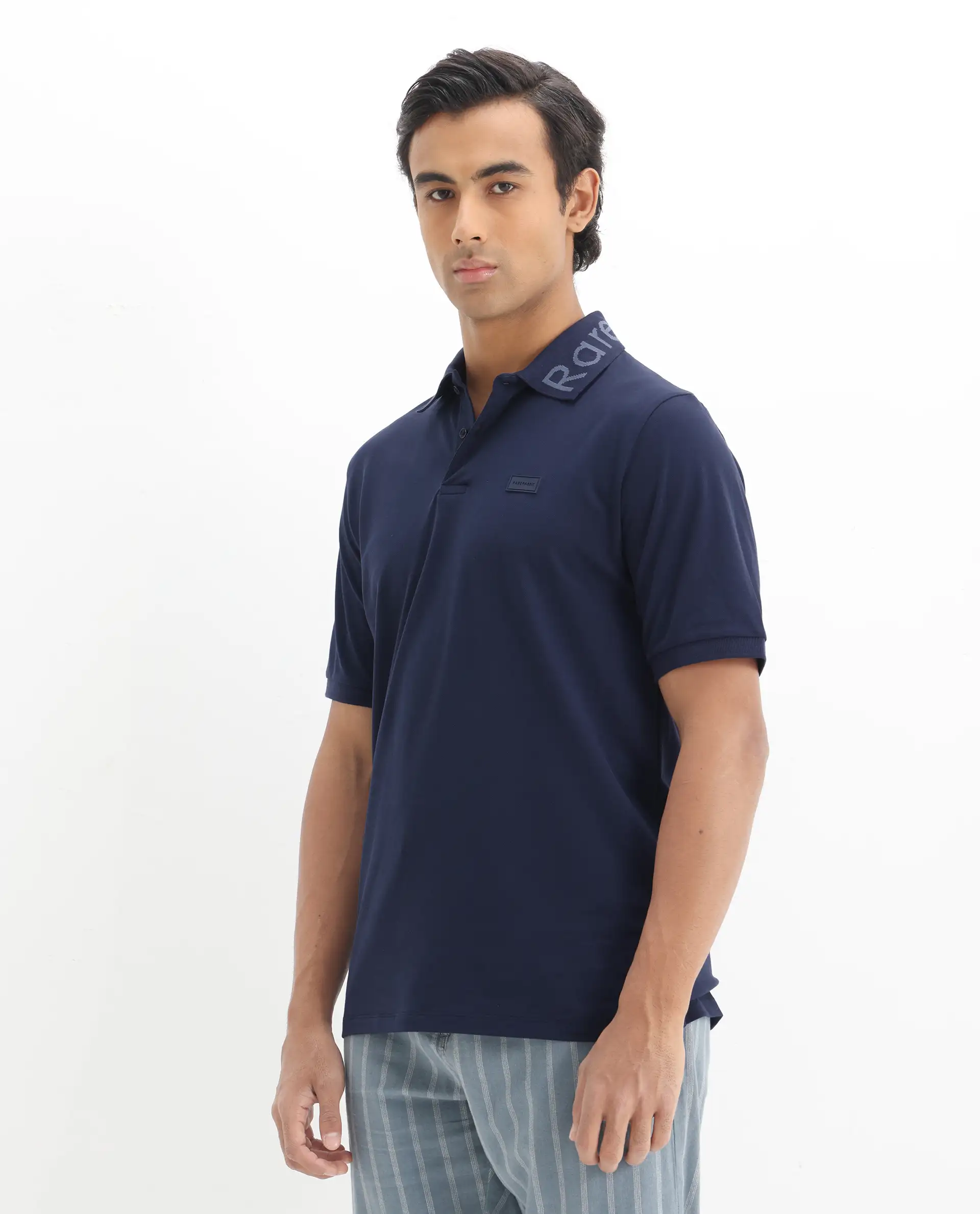 Rare Rabbit Men's Vinc Navy Cotton Plain Regular Fit Half Sleeve Polo - Image 5