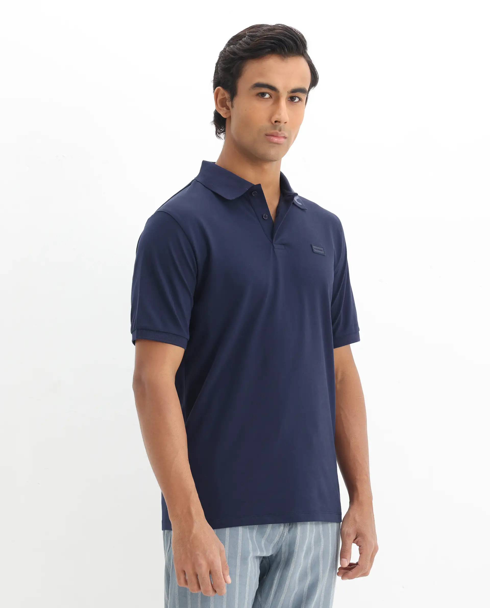 Rare Rabbit Men's Vinc Navy Cotton Plain Regular Fit Half Sleeve Polo - Image 6