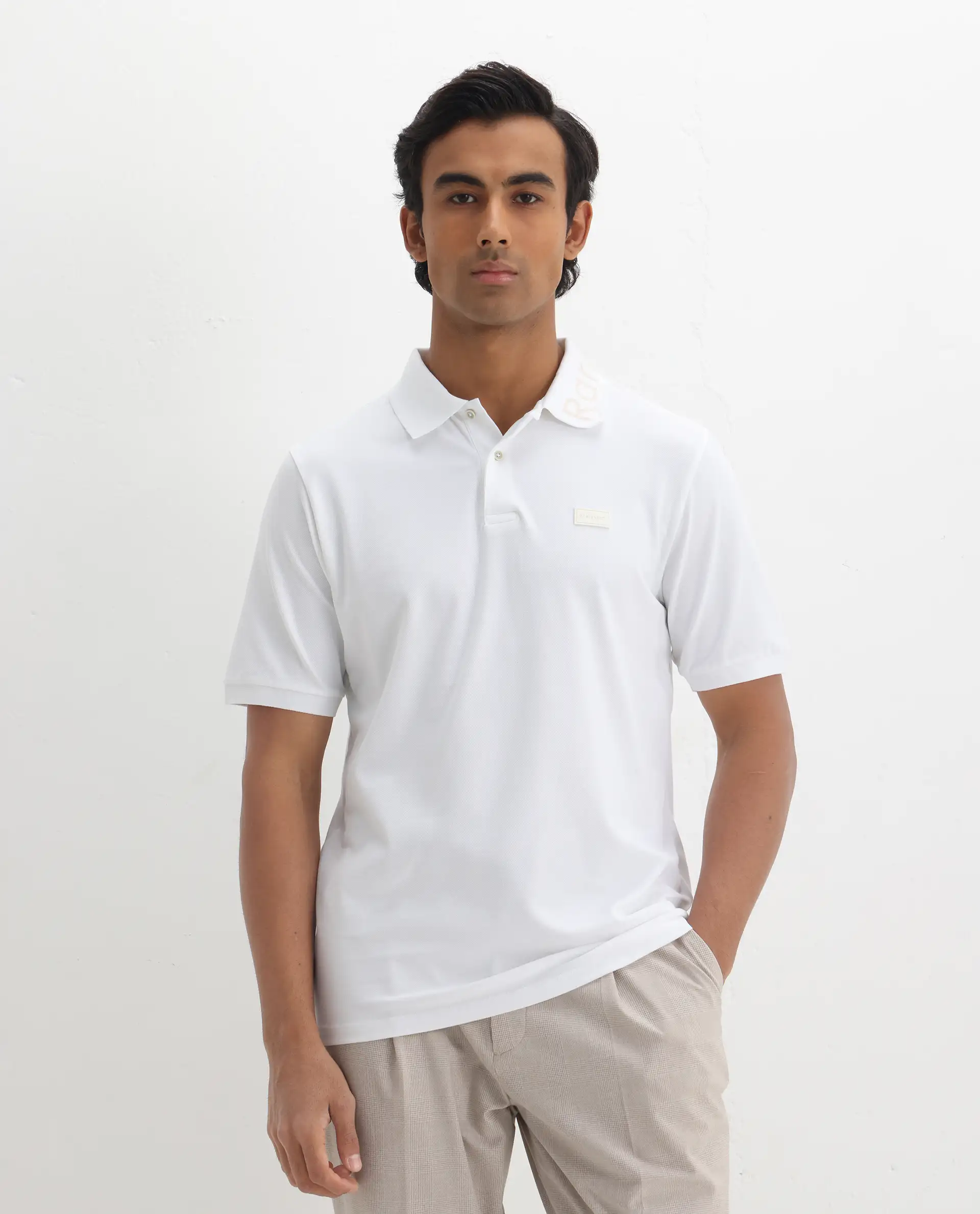 Rare Rabbit Men's Vinc White Cotton Plain Regular Fit Half Sleeve Polo - Image 7
