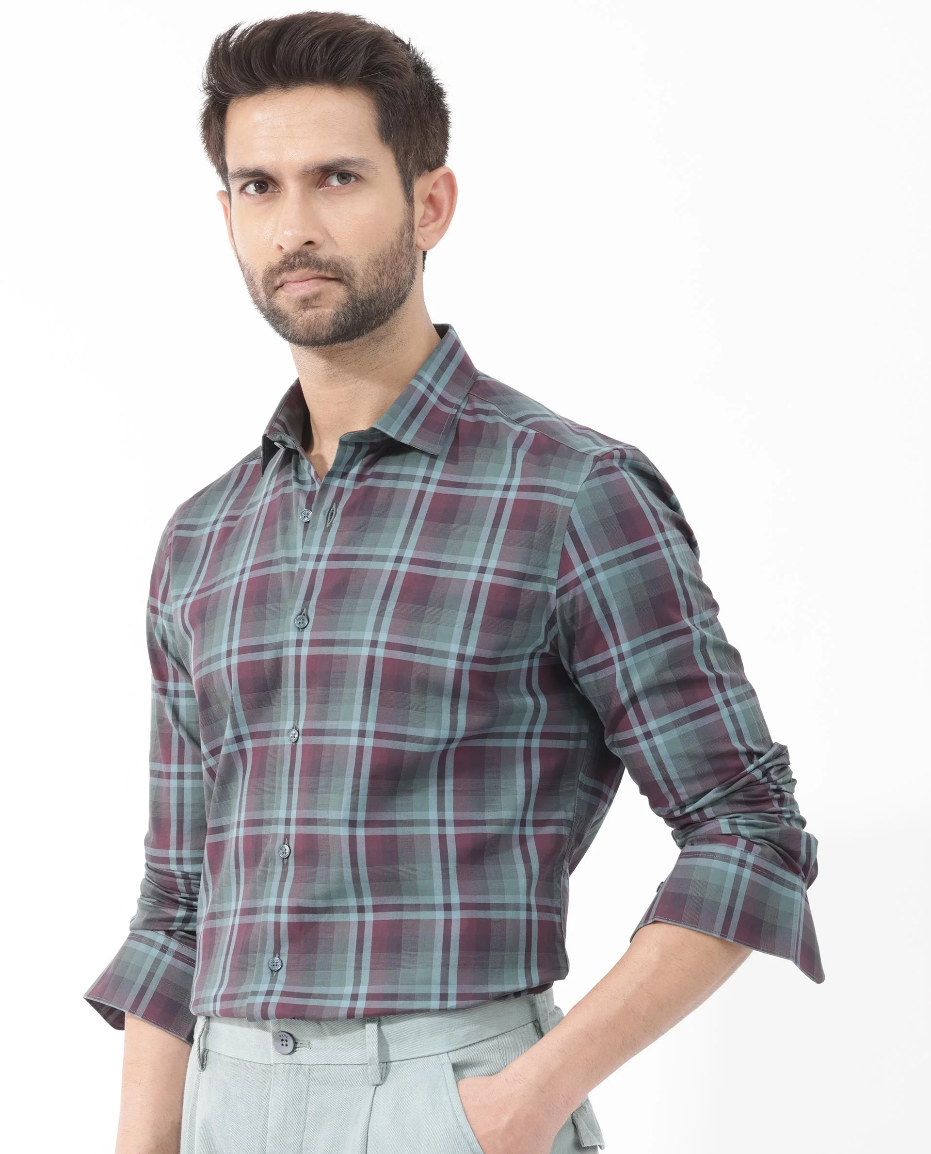 Rare Rabbit Men's Vinet Dark Maroon Cotton Checked Print Regular Fit Full Sleeve Collared Shirt - Image 3