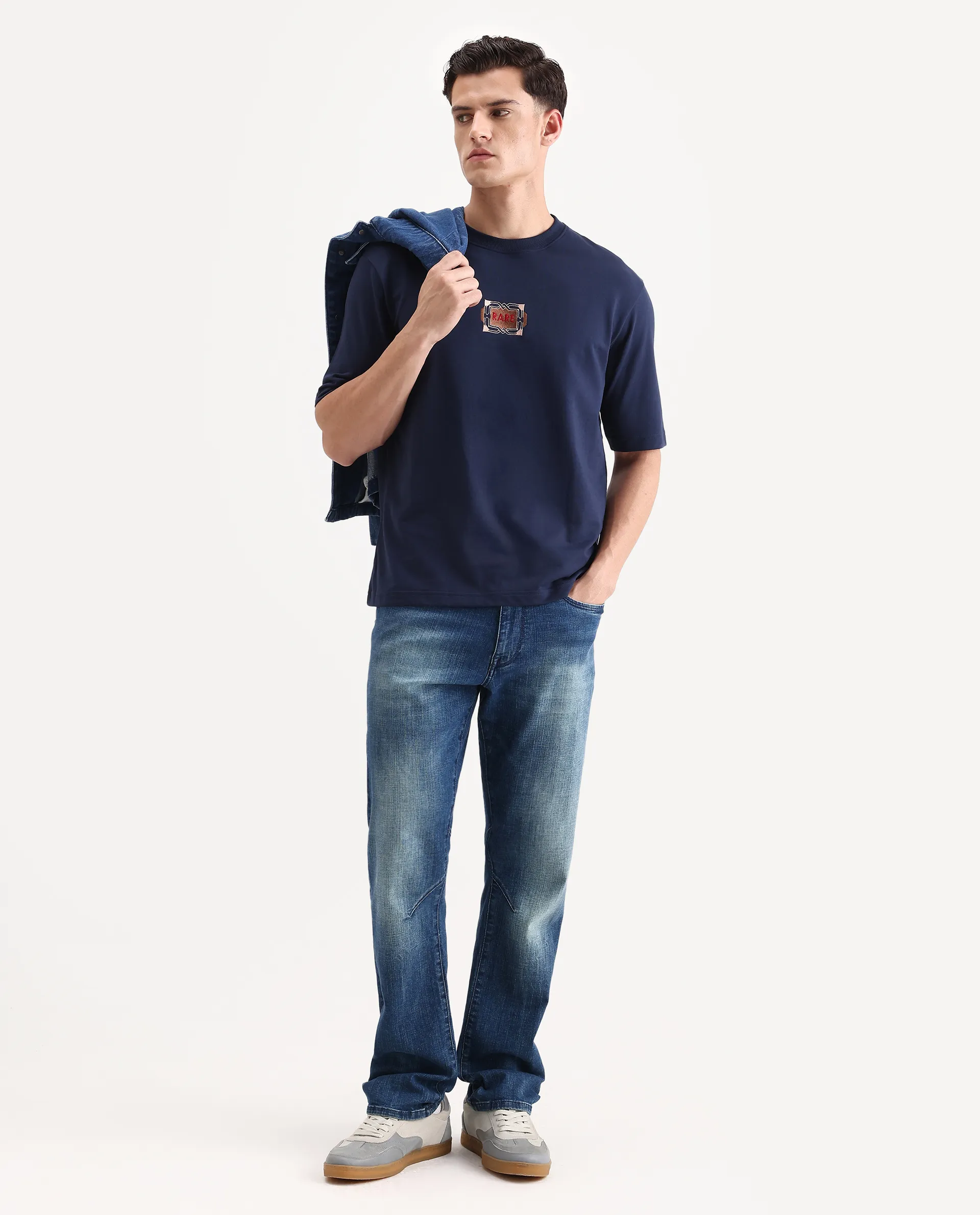 Rare Rabbit Men's Vino Dark Blue Cotton Graphic Print Oversized Fit Half Sleeve Crew Neck T-Shirt - Image 2