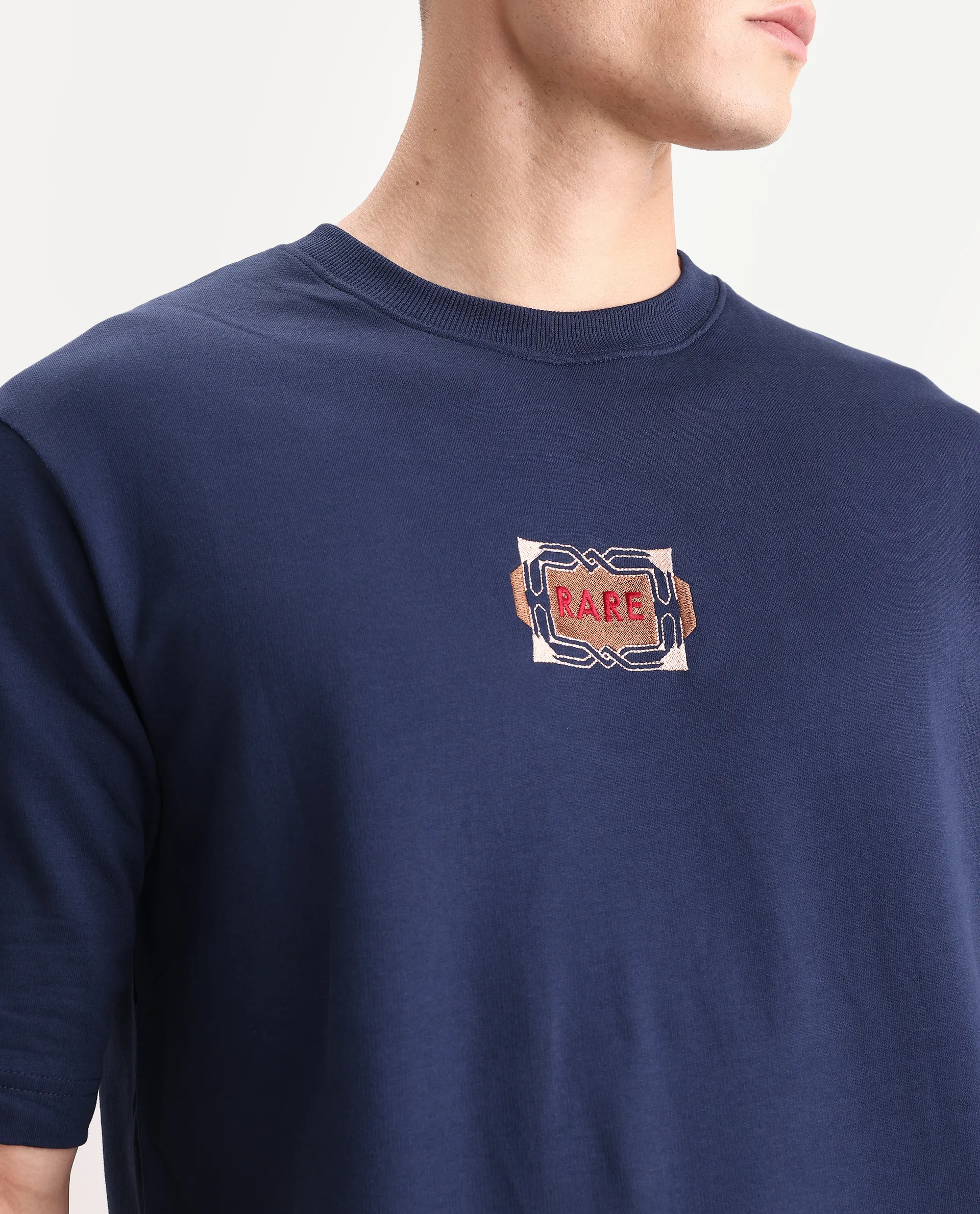 Rare Rabbit Men's Vino Dark Blue Cotton Graphic Print Oversized Fit Half Sleeve Crew Neck T-Shirt - Image 3