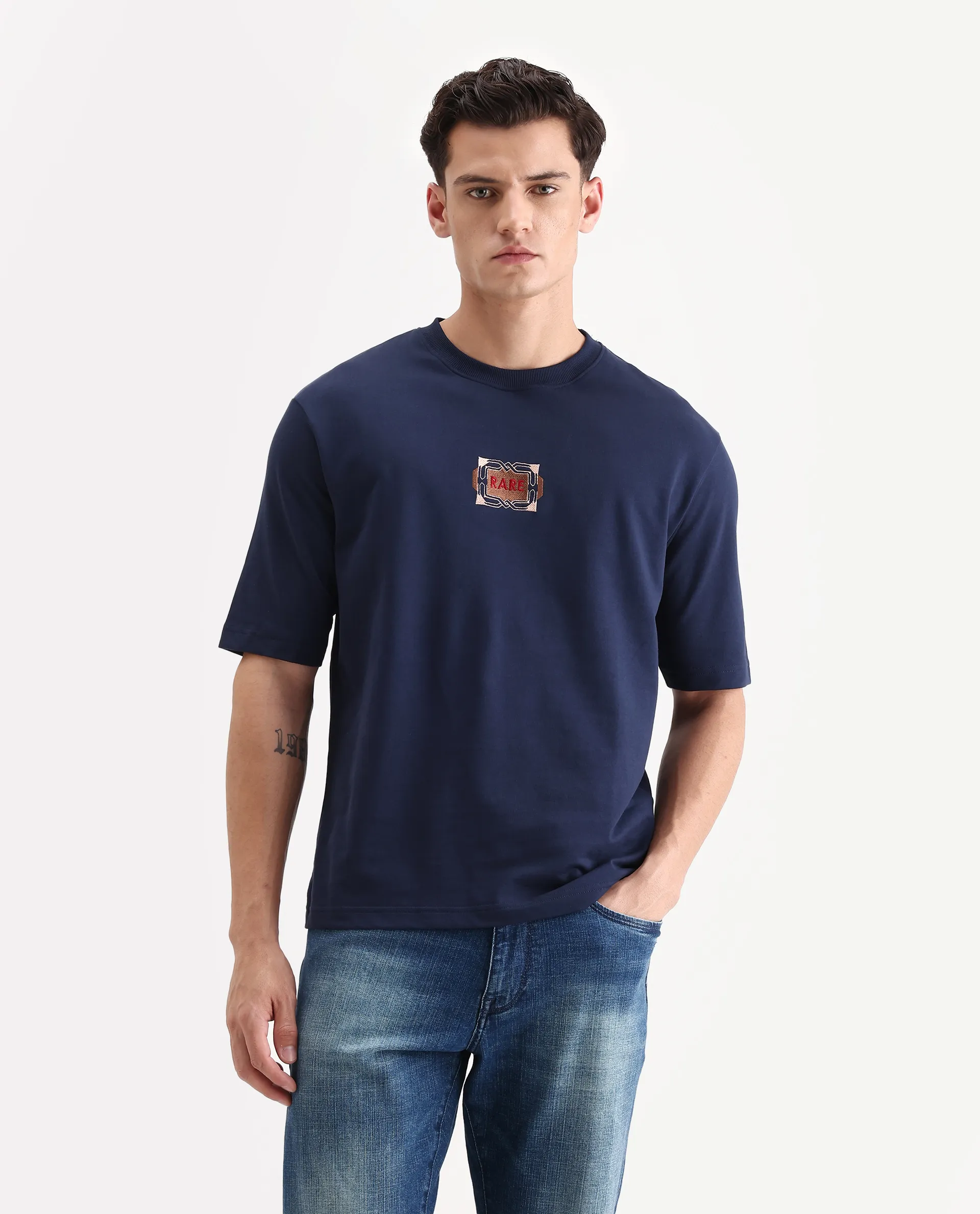 Rare Rabbit Men's Vino Dark Blue Cotton Graphic Print Oversized Fit Half Sleeve Crew Neck T-Shirt - Image 4