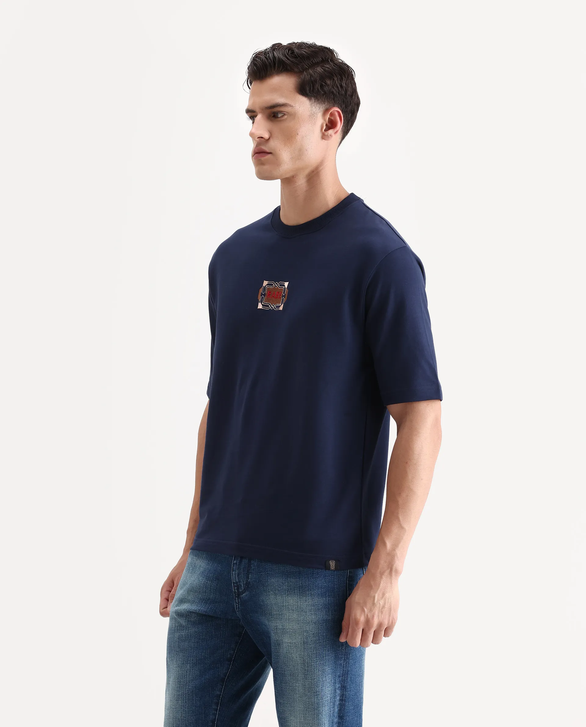 Rare Rabbit Men's Vino Dark Blue Cotton Graphic Print Oversized Fit Half Sleeve Crew Neck T-Shirt - Image 5