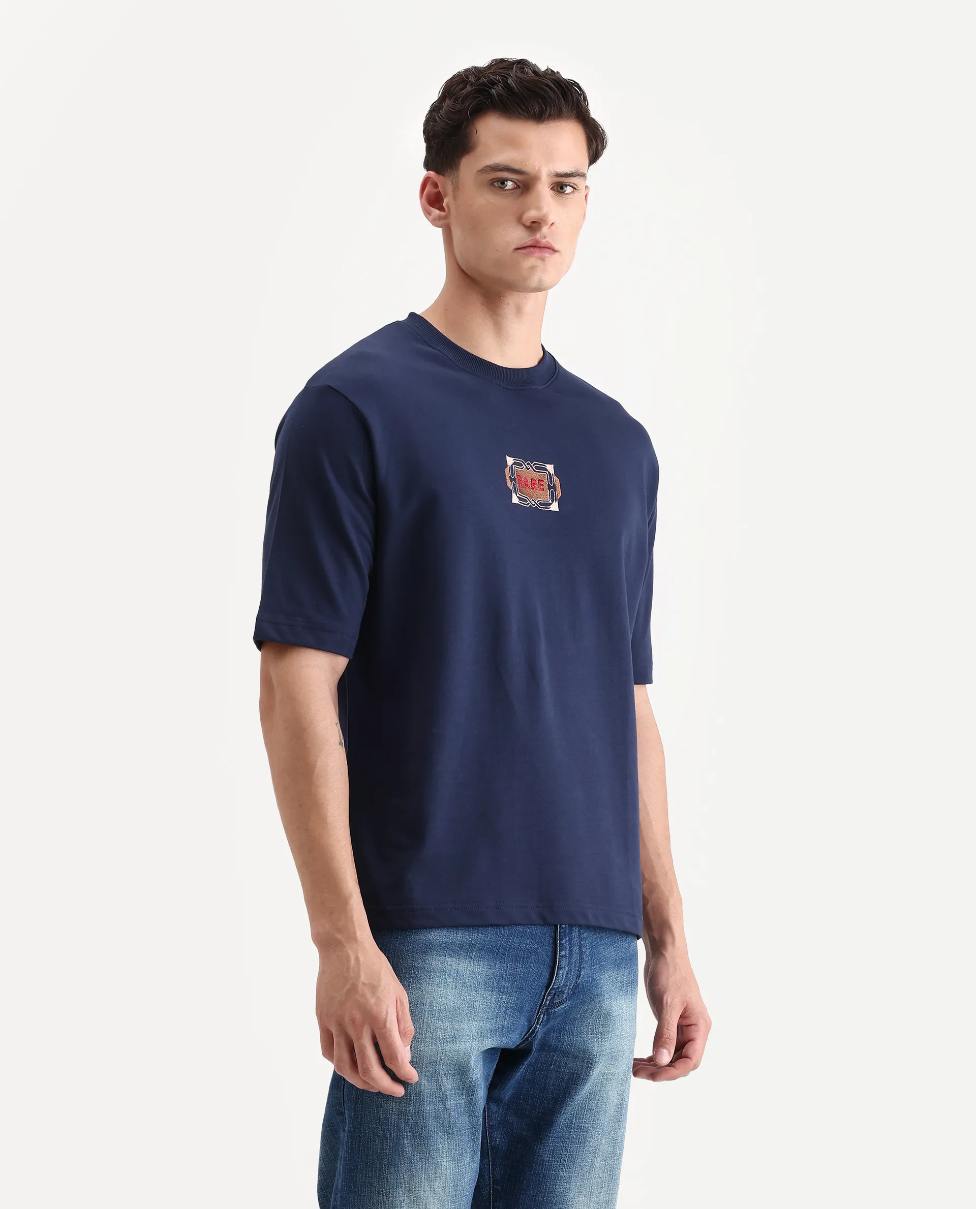 Rare Rabbit Men's Vino Dark Blue Cotton Graphic Print Oversized Fit Half Sleeve Crew Neck T-Shirt - Image 6