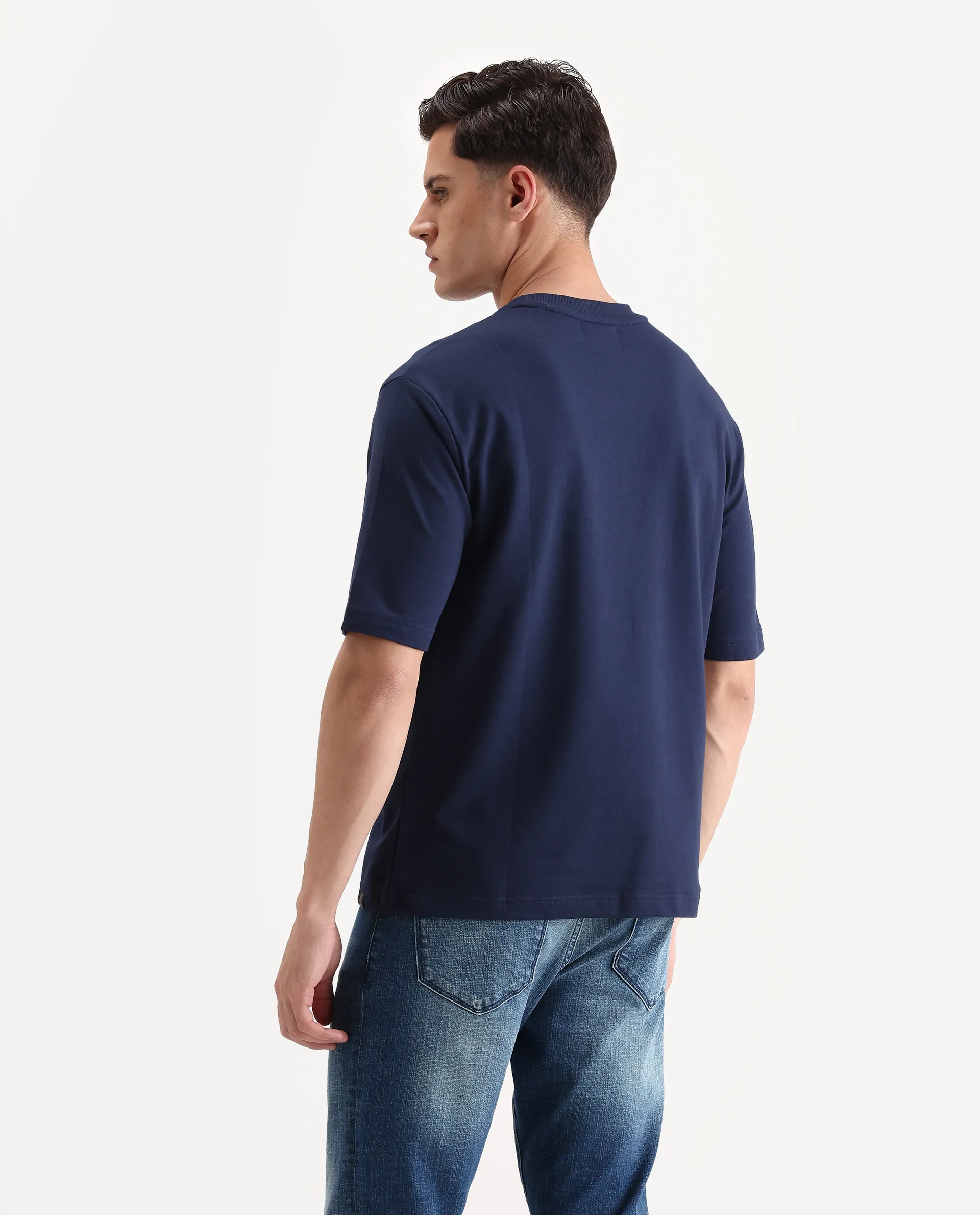 Rare Rabbit Men's Vino Dark Blue Cotton Graphic Print Oversized Fit Half Sleeve Crew Neck T-Shirt - Image 7