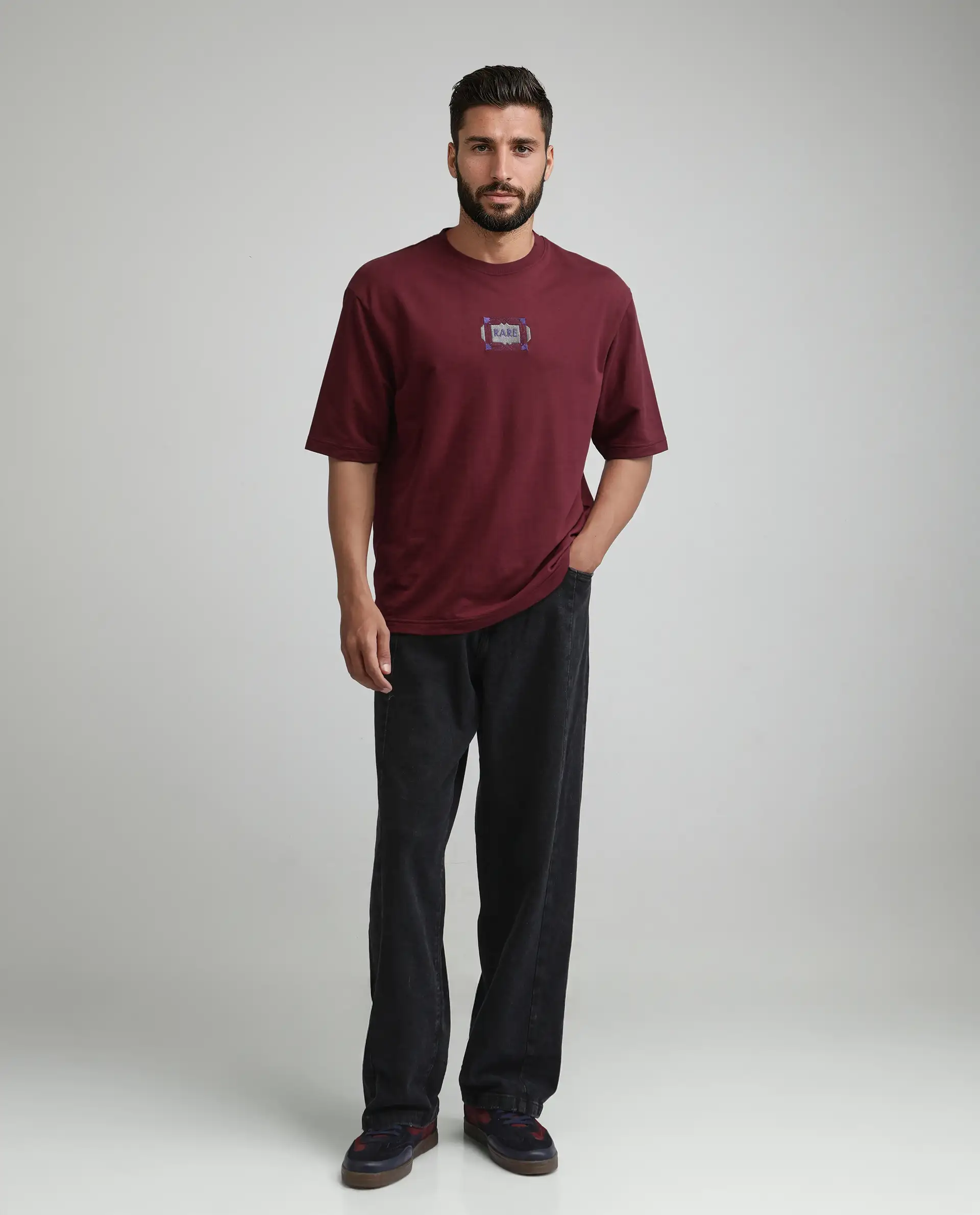 Rare Rabbit Men's Vino Dark Red Cotton Graphic Print Oversized Fit Half Sleeve Crew Neck T-Shirt - Image 2