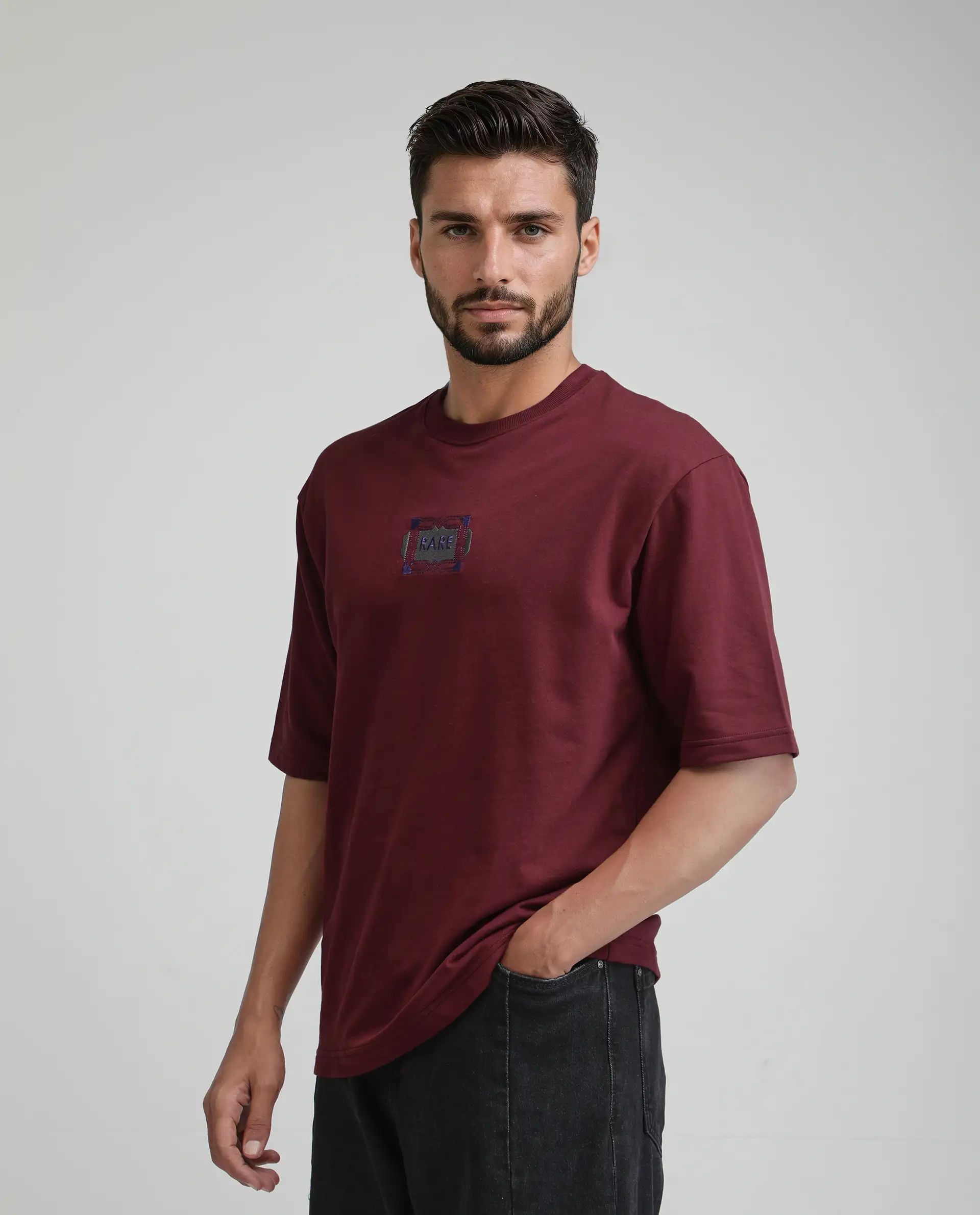 Rare Rabbit Men's Vino Dark Red Cotton Graphic Print Oversized Fit Half Sleeve Crew Neck T-Shirt - Image 5