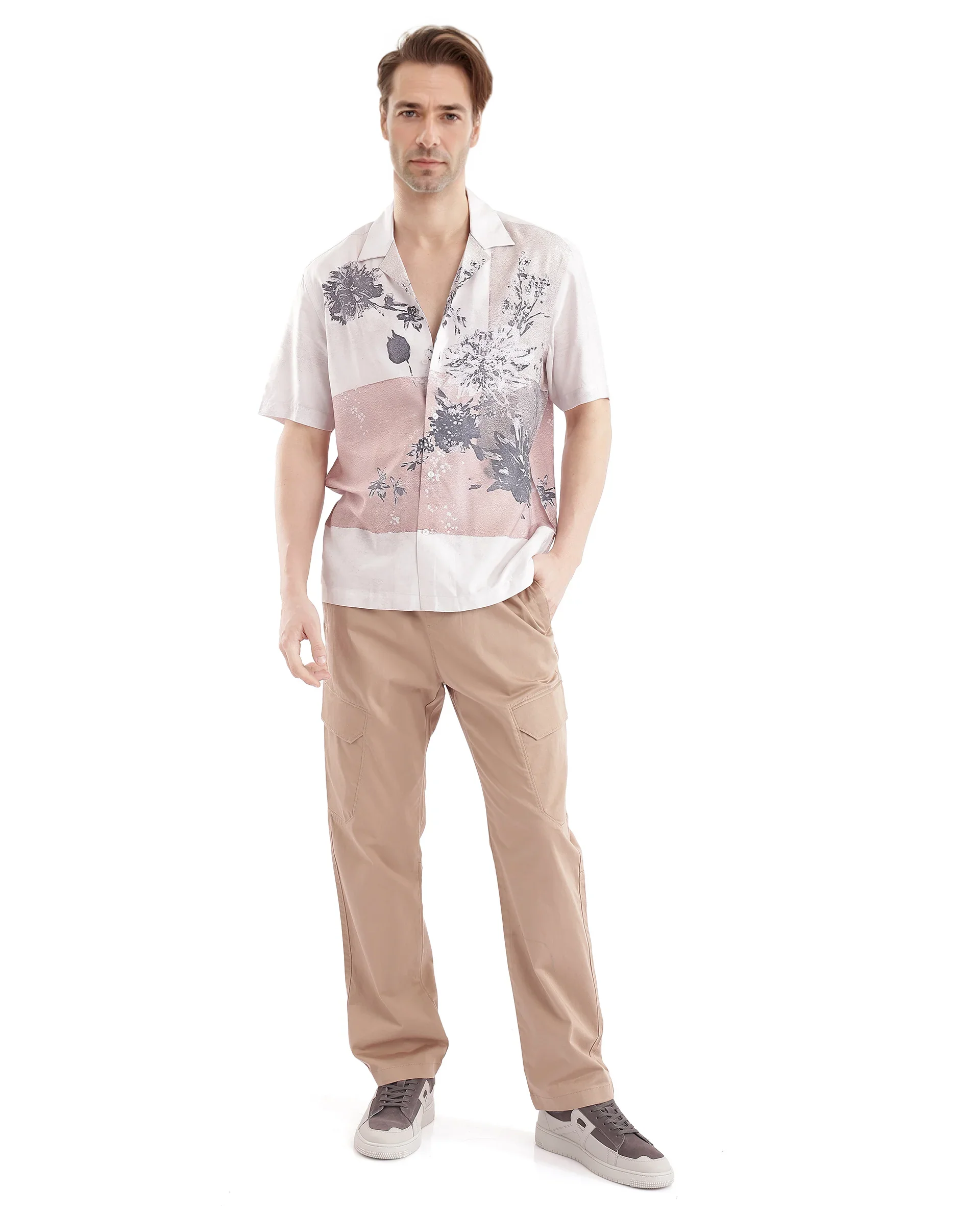 Rare Rabbit Men's Vint Beige Cotton Printed Boxy Fit Full Sleeve Cuban Collar Shirt - Image 2