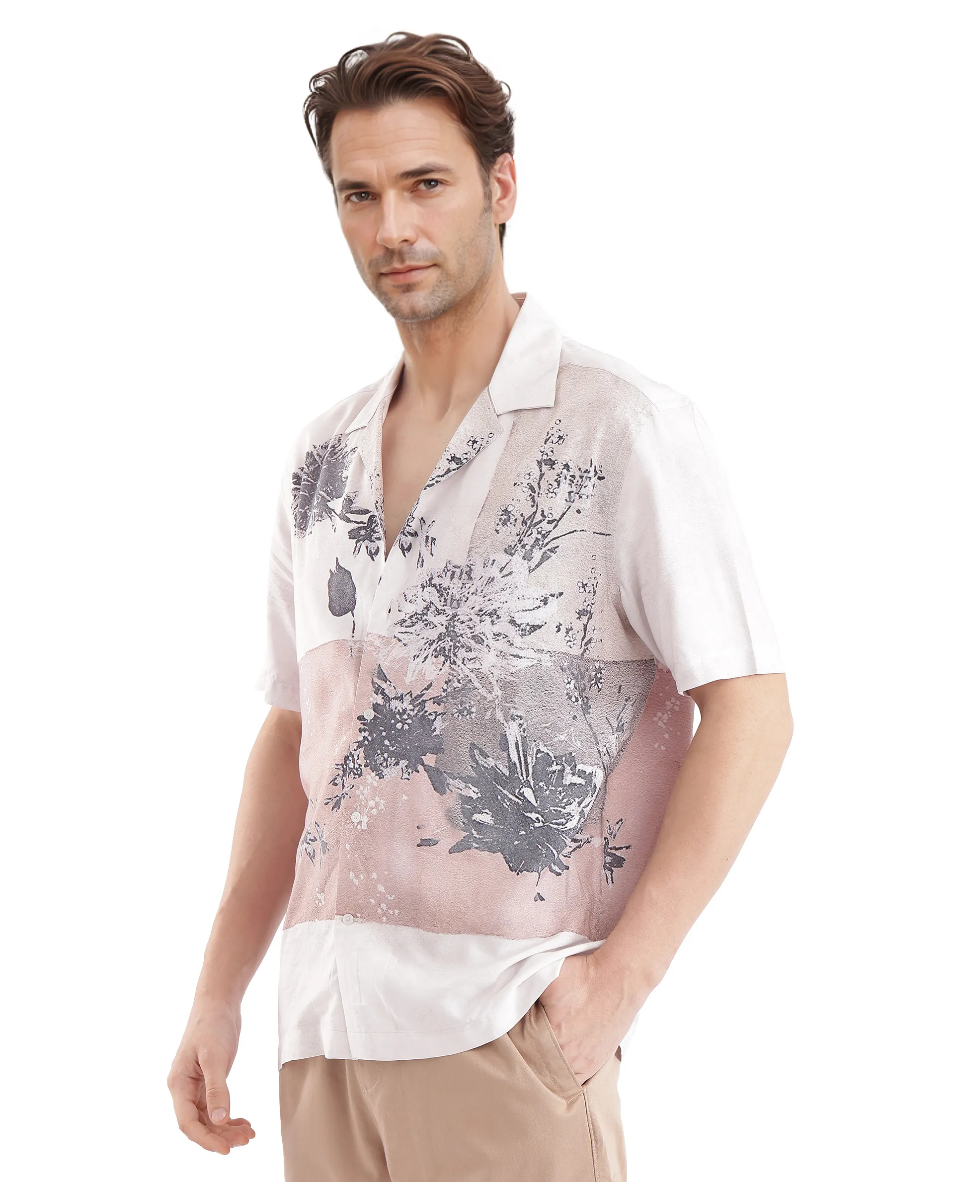 Rare Rabbit Men's Vint Beige Cotton Printed Boxy Fit Full Sleeve Cuban Collar Shirt - Image 6