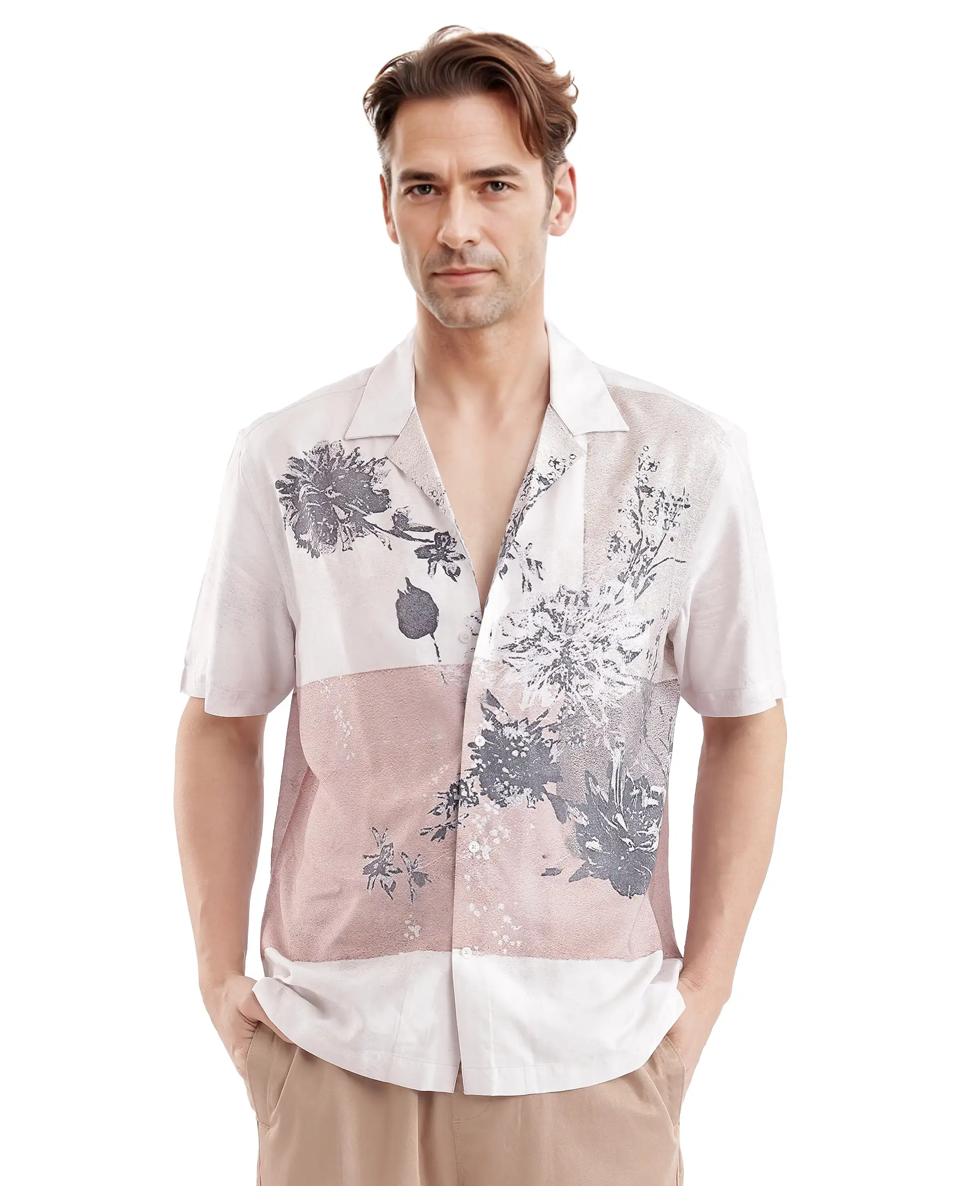 Rare Rabbit Men's Vint Beige Cotton Printed Boxy Fit Full Sleeve Cuban Collar Shirt - Image 8