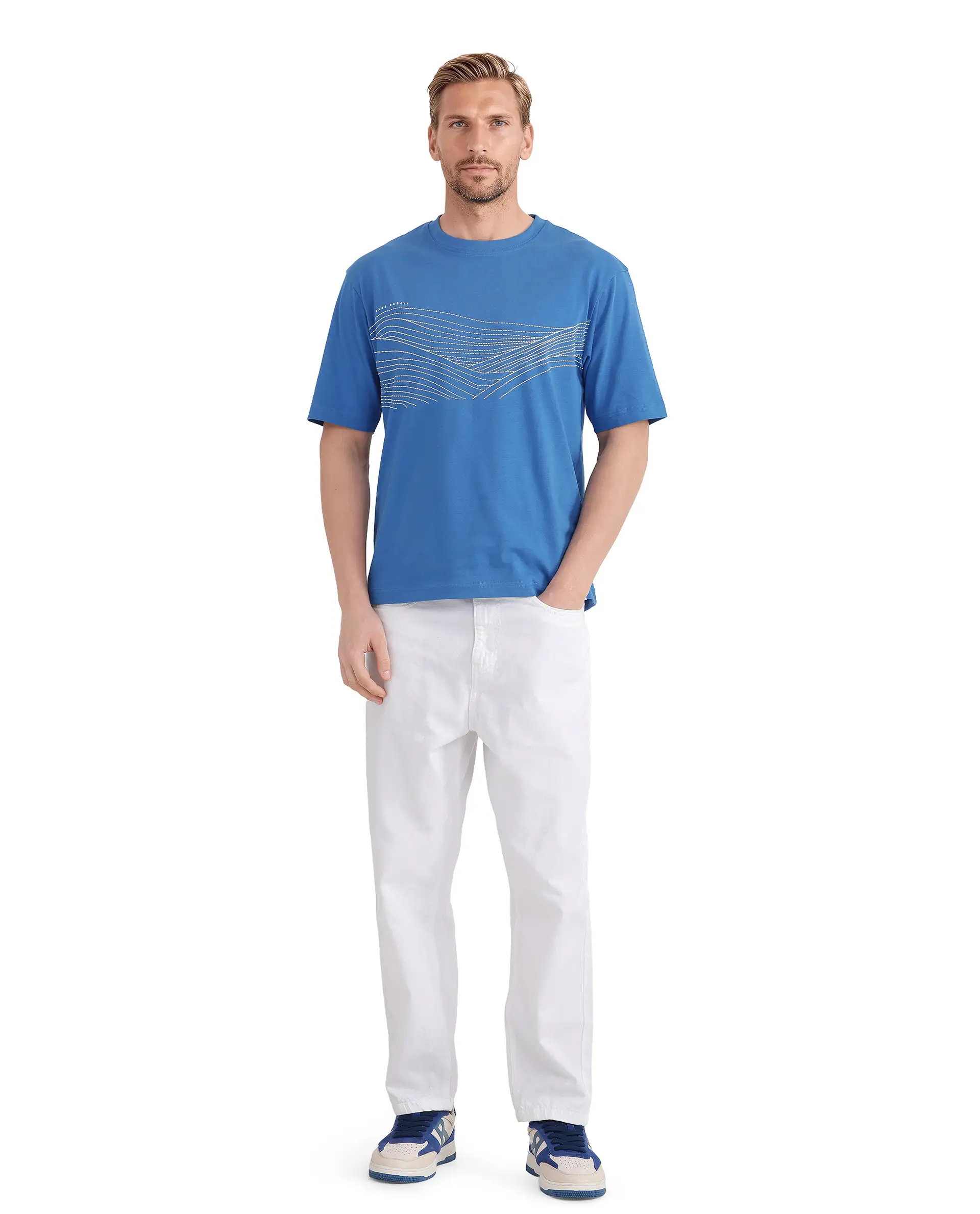Rare Rabbit Men's Vint Dusky Blue Cotton Graphic Print Qlo Fit Half Sleeve Crew Neck T-Shirt - Image 2