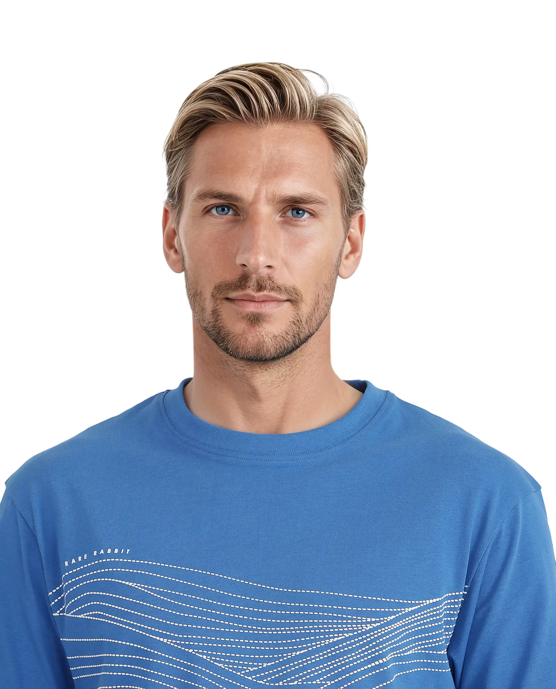 Rare Rabbit Men's Vint Dusky Blue Cotton Graphic Print Qlo Fit Half Sleeve Crew Neck T-Shirt - Image 3