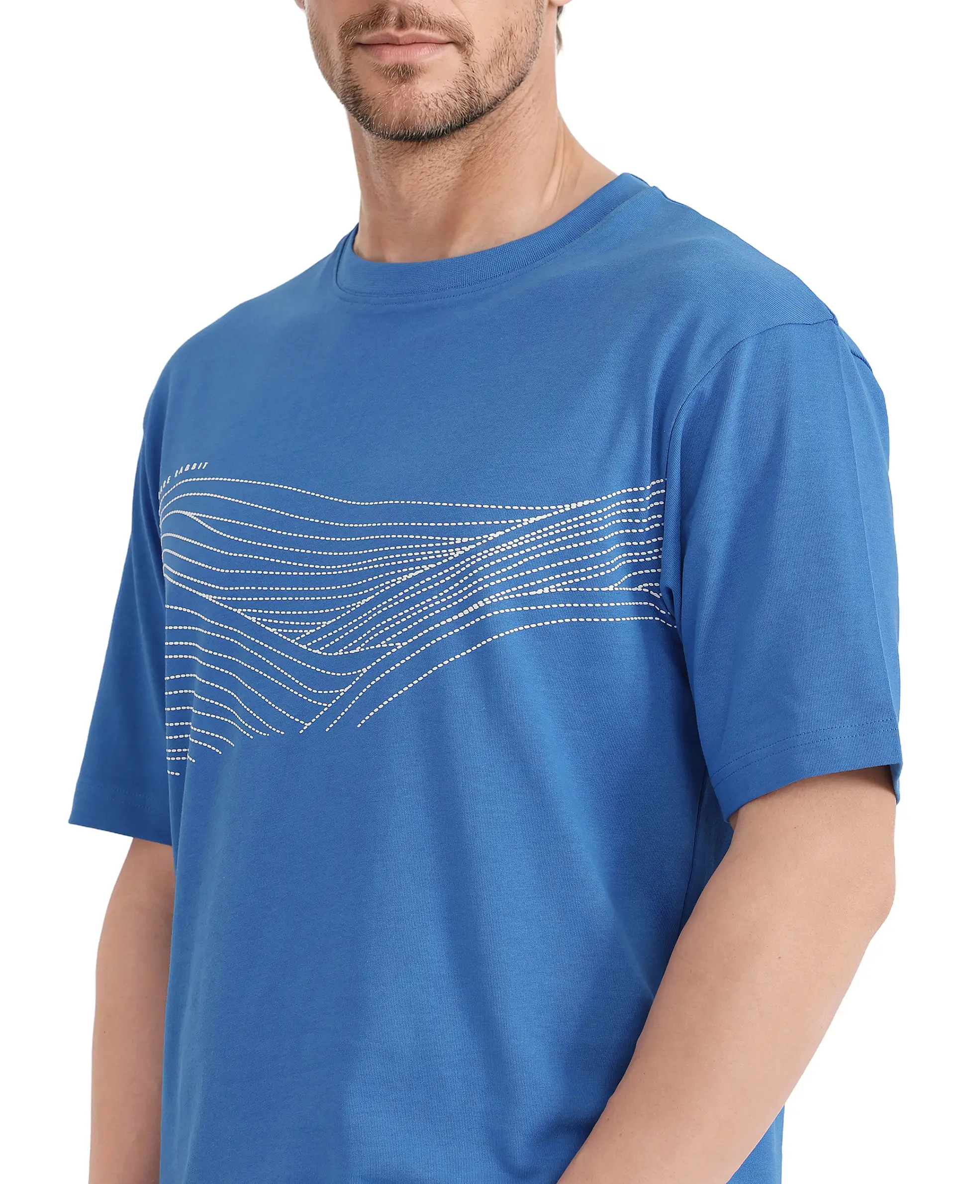 Rare Rabbit Men's Vint Dusky Blue Cotton Graphic Print Qlo Fit Half Sleeve Crew Neck T-Shirt - Image 4