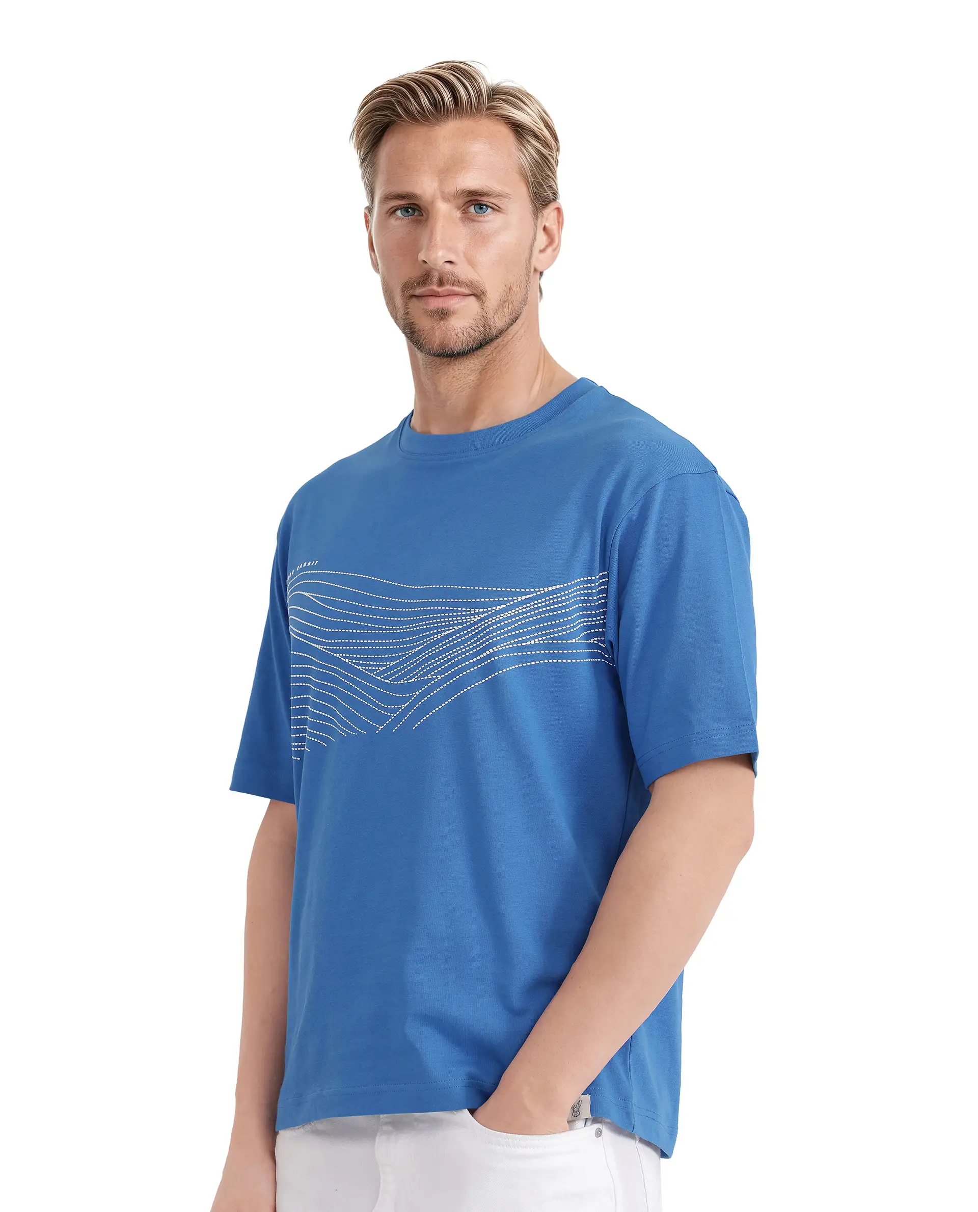 Rare Rabbit Men's Vint Dusky Blue Cotton Graphic Print Qlo Fit Half Sleeve Crew Neck T-Shirt - Image 5