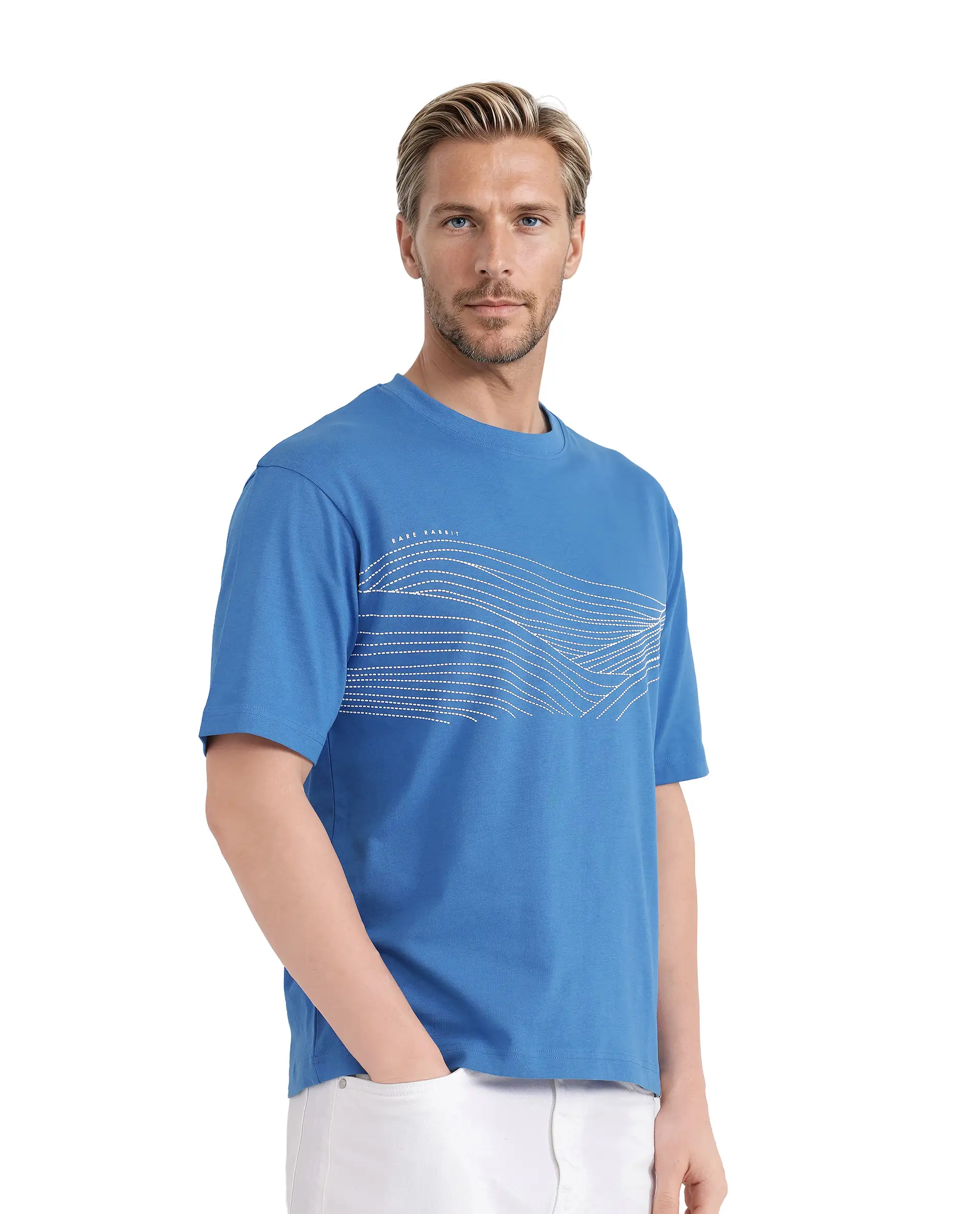 Rare Rabbit Men's Vint Dusky Blue Cotton Graphic Print Qlo Fit Half Sleeve Crew Neck T-Shirt - Image 6