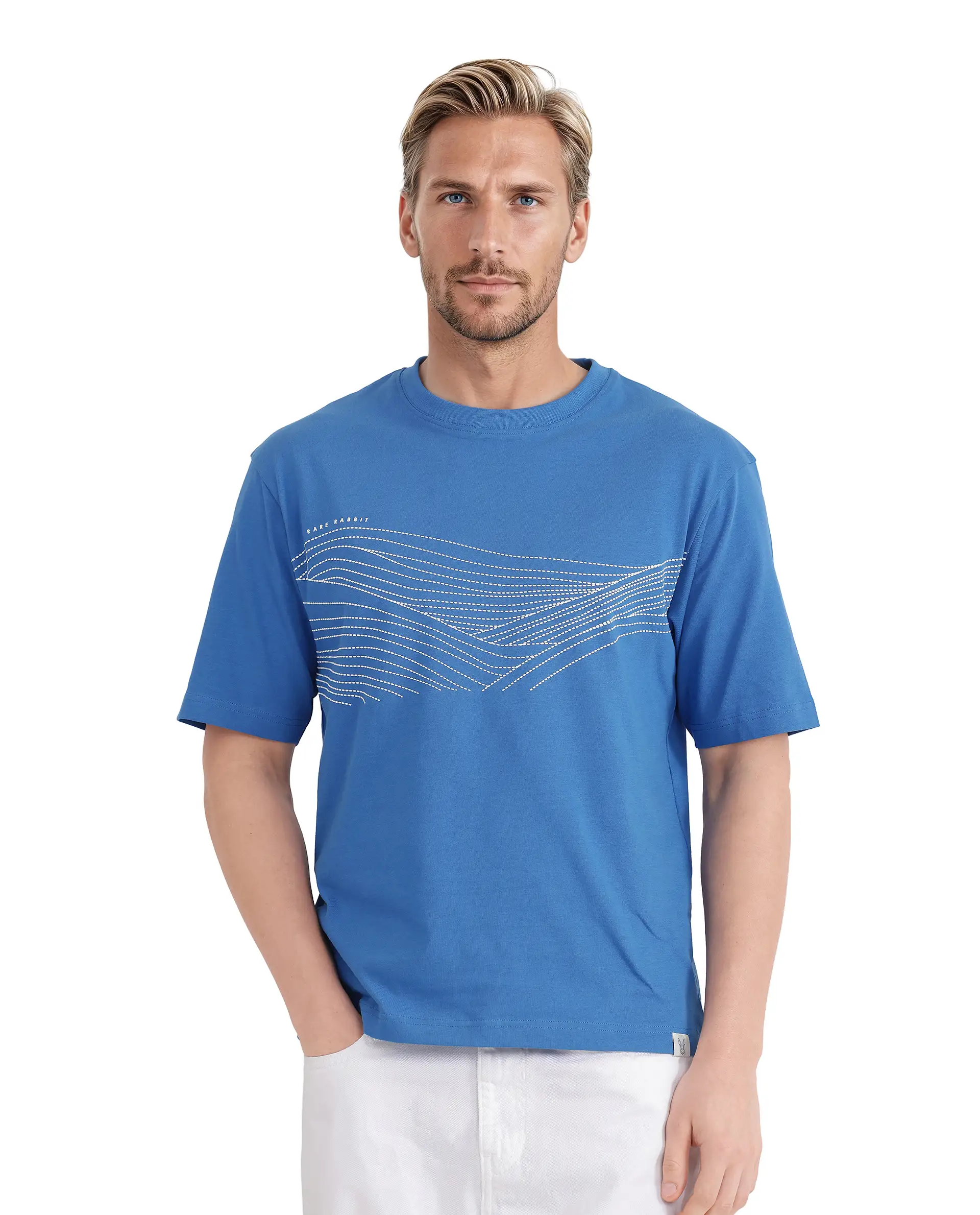 Rare Rabbit Men's Vint Dusky Blue Cotton Graphic Print Qlo Fit Half Sleeve Crew Neck T-Shirt - Image 7