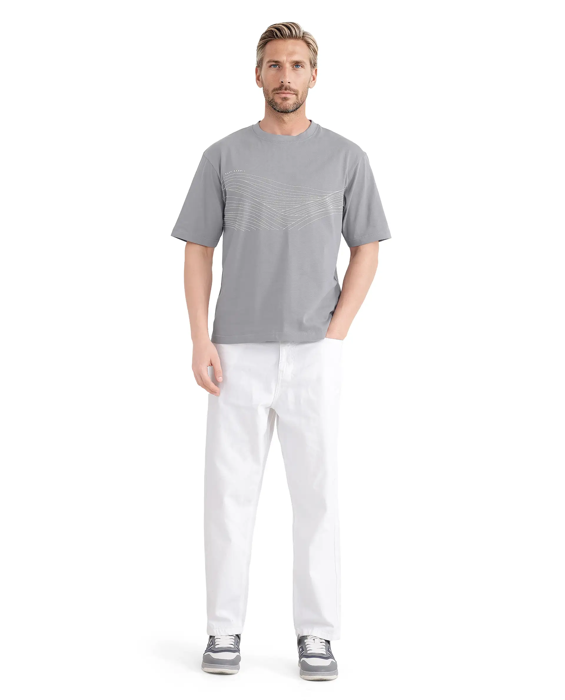 Rare Rabbit Men's Vint Light Grey Cotton Graphic Print Qlo Fit Half Sleeve Crew Neck T-Shirt - Image 2